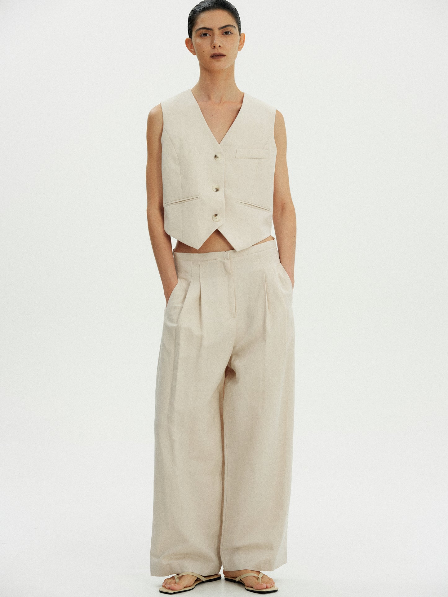 Low Rise Linen-Cotton Trousers, Nougat