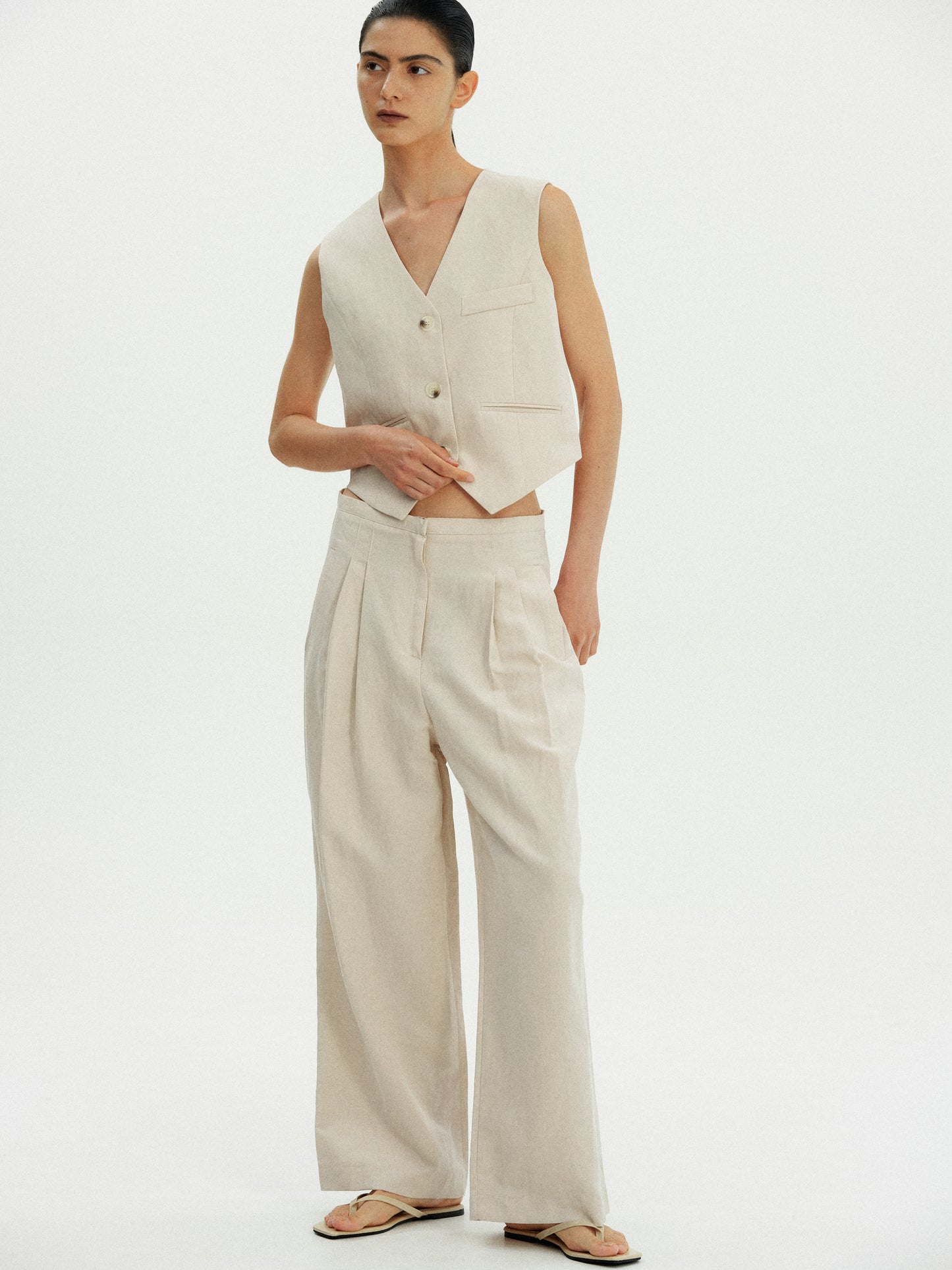 Low Rise Linen-Cotton Trousers, Nougat