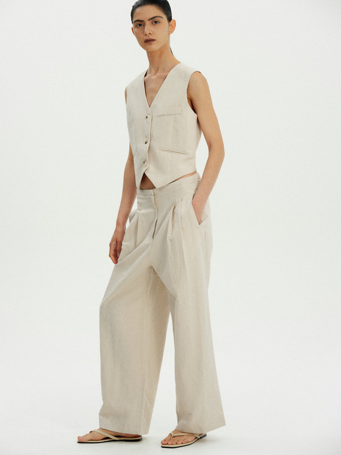 Low Rise Linen-Cotton Trousers, Nougat