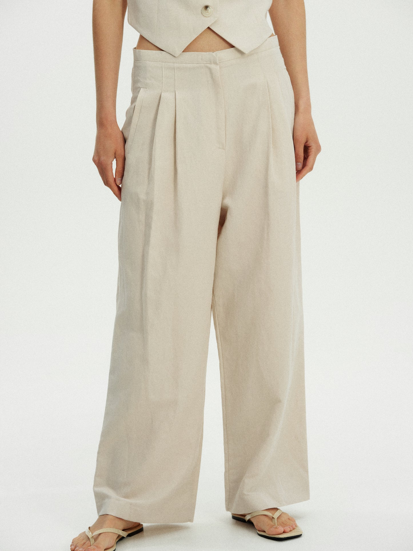 Low Rise Linen-Cotton Trousers, Nougat