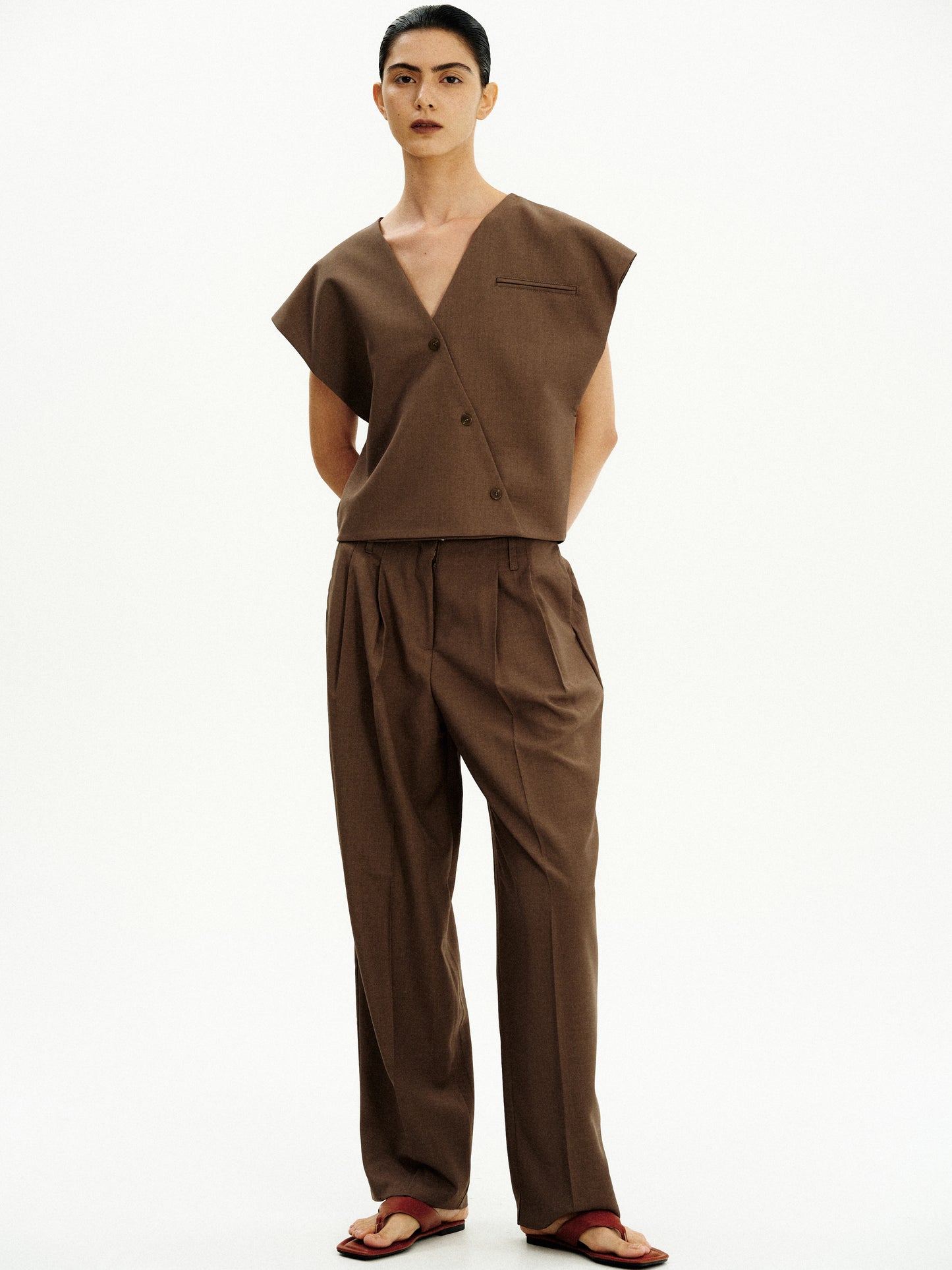 Off-Center Button Vest, Dark Hazelnut