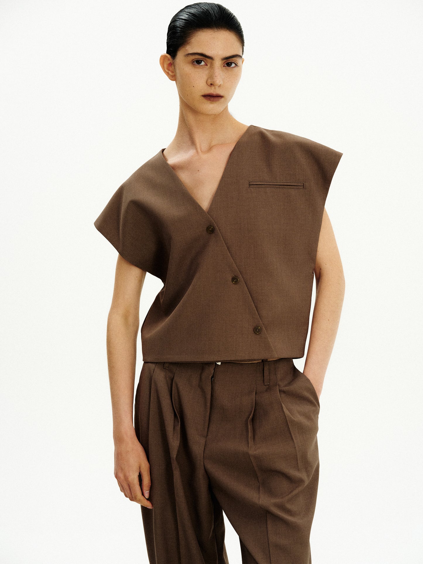 Off-Center Button Vest, Dark Hazelnut