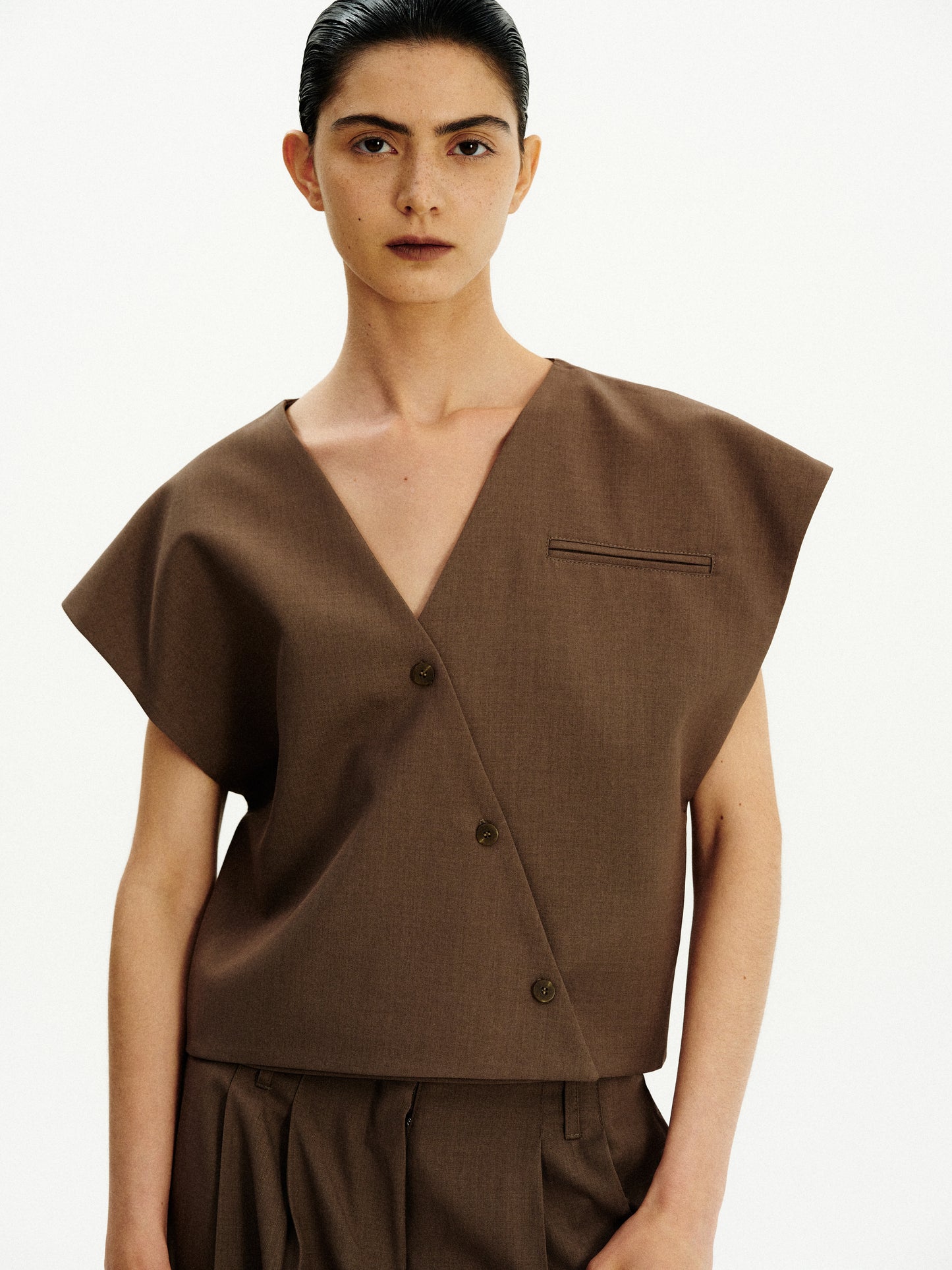 Off-Center Button Vest, Dark Hazelnut