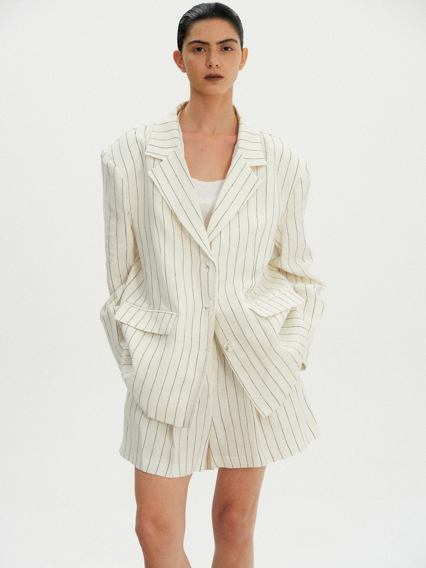 Oversized Linen Pinstripe Blazer, Ivory