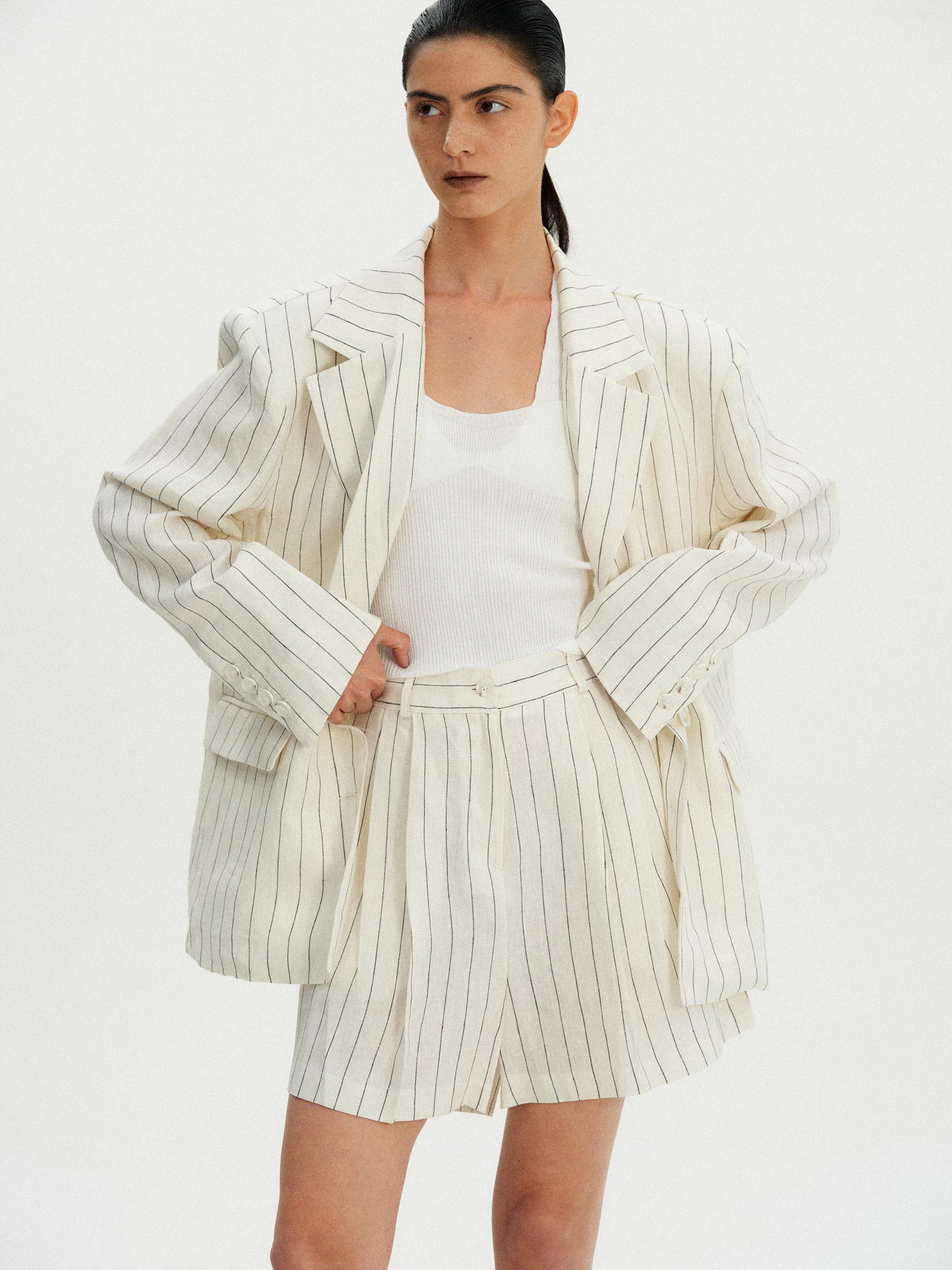 Oversized Linen Pinstripe Blazer, Ivory