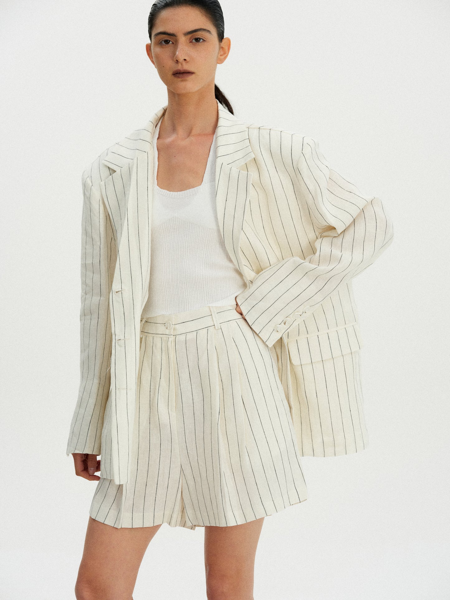 Linen Pinstripe Shorts, Ivory