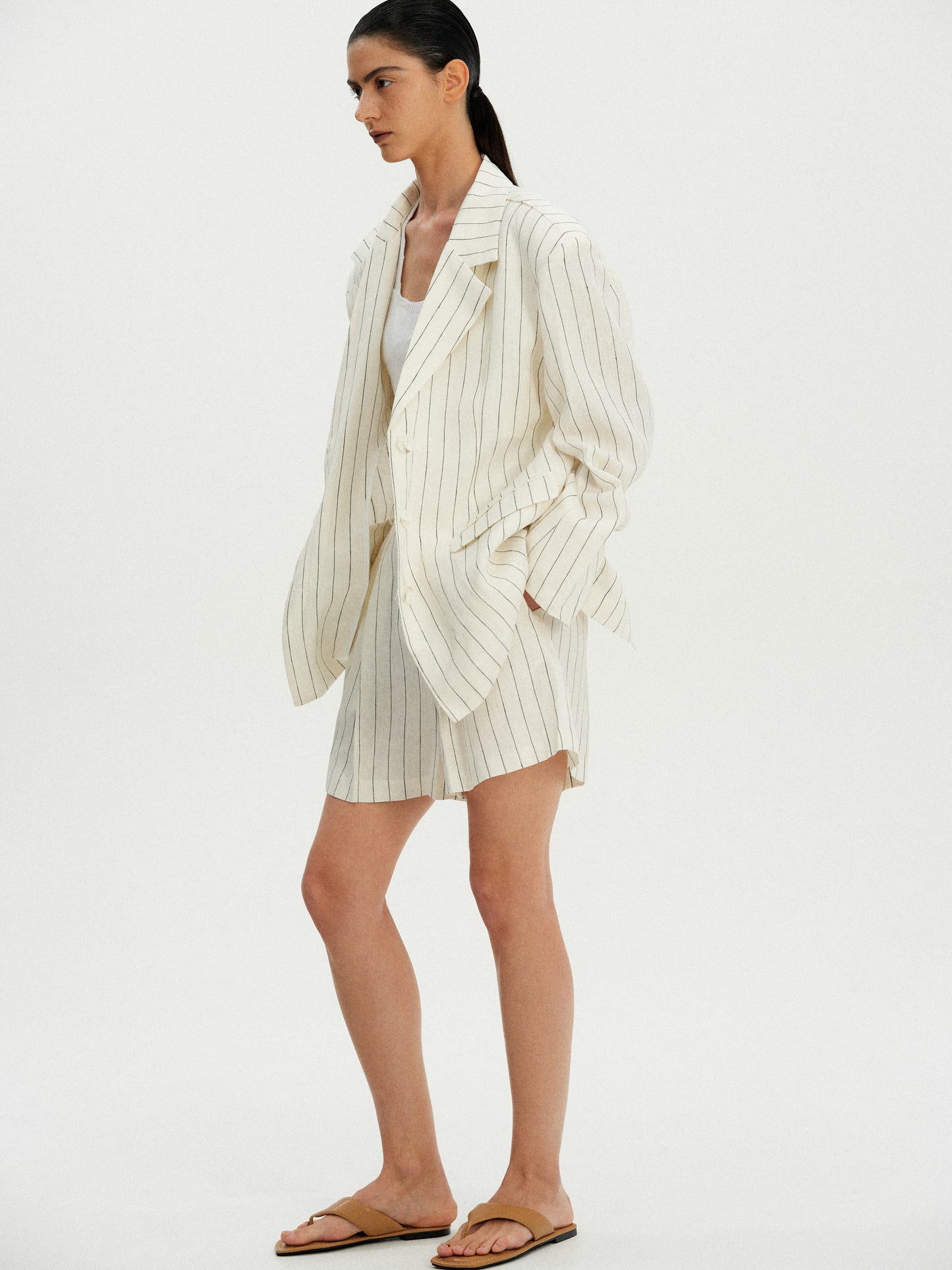 Oversized Linen Pinstripe Blazer, Ivory