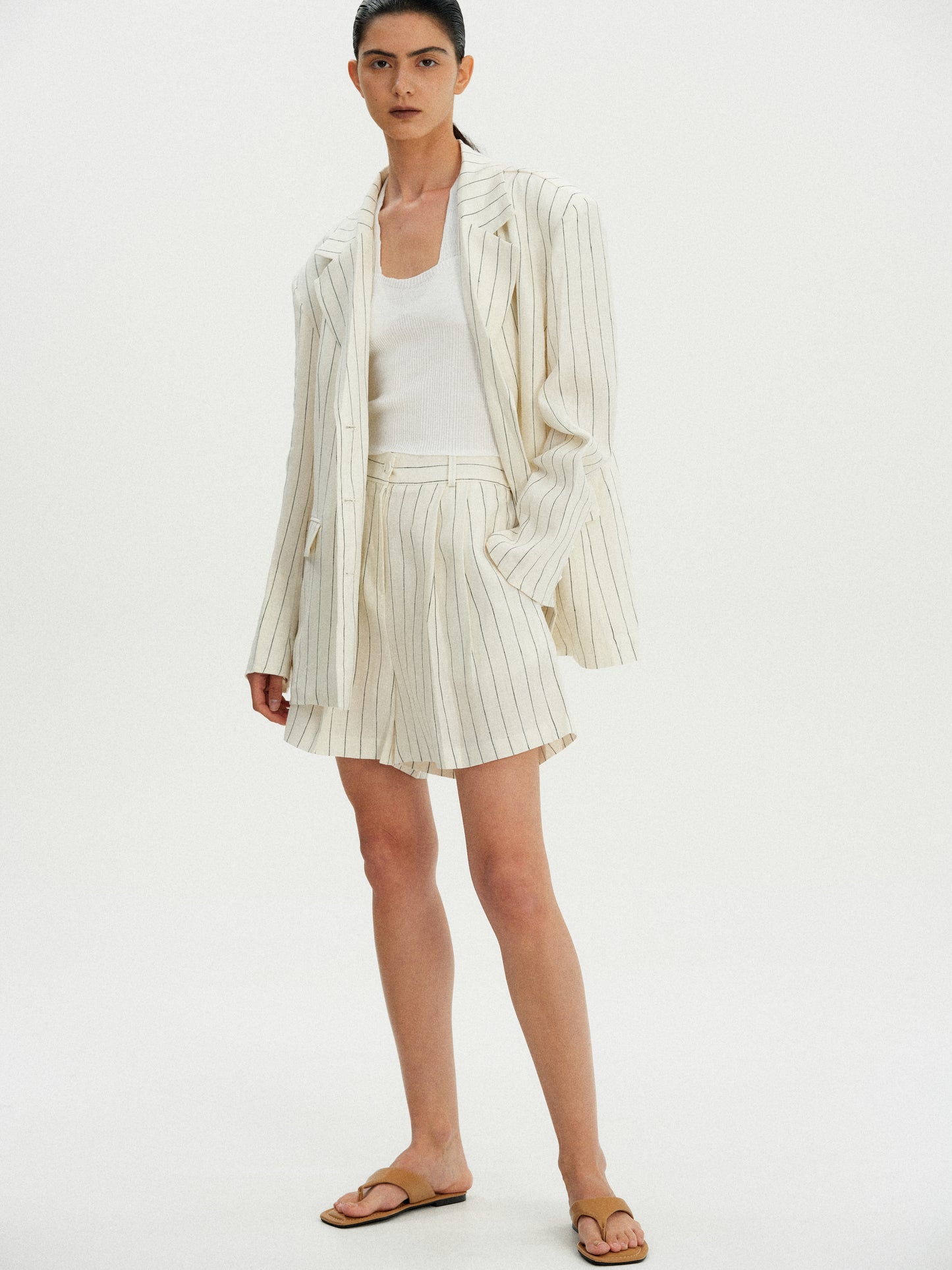 Linen Pinstripe Shorts, Ivory
