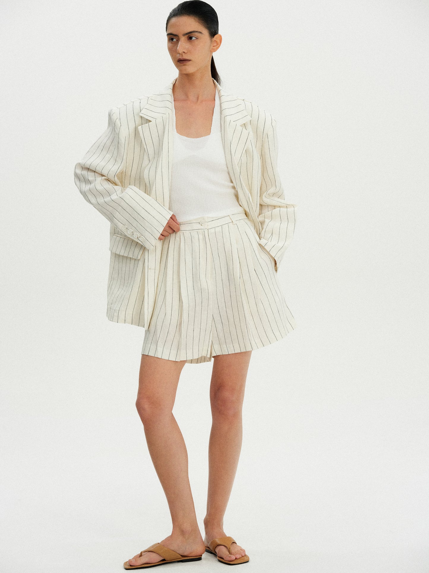 Oversized Linen Pinstripe Blazer, Ivory