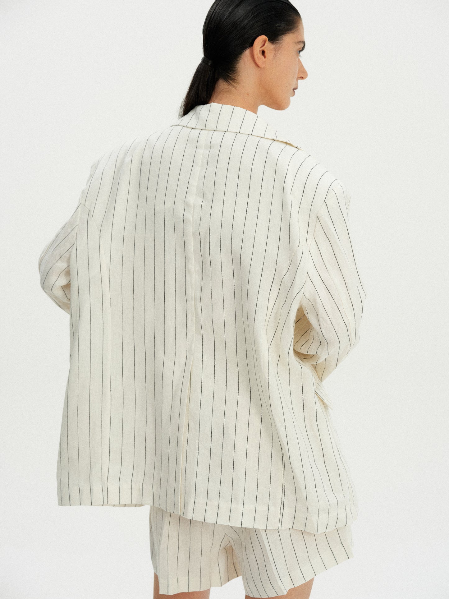 Oversized Linen Pinstripe Blazer, Ivory