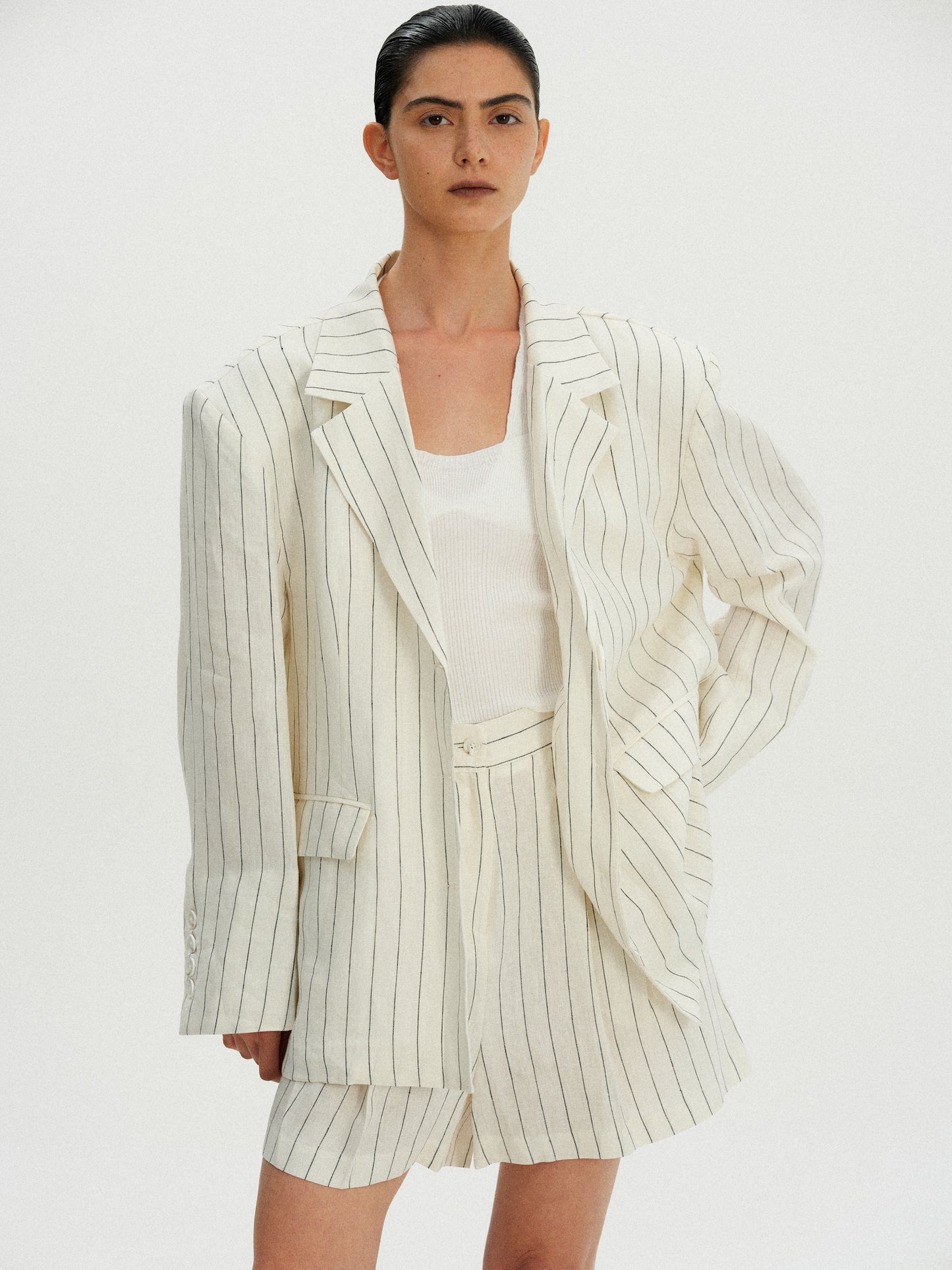 Oversized Linen Pinstripe Blazer, Ivory