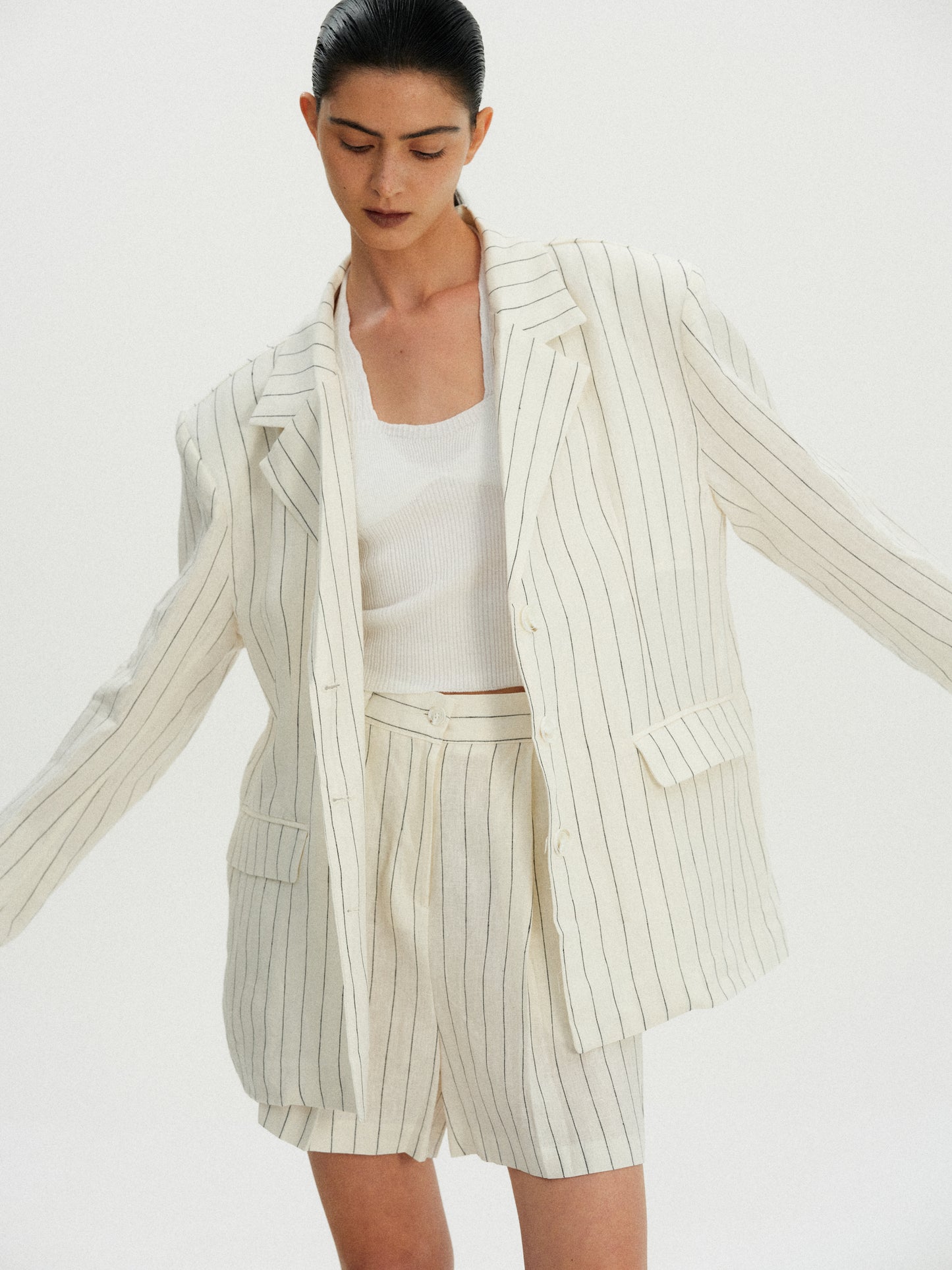 Oversized Linen Pinstripe Blazer, Ivory