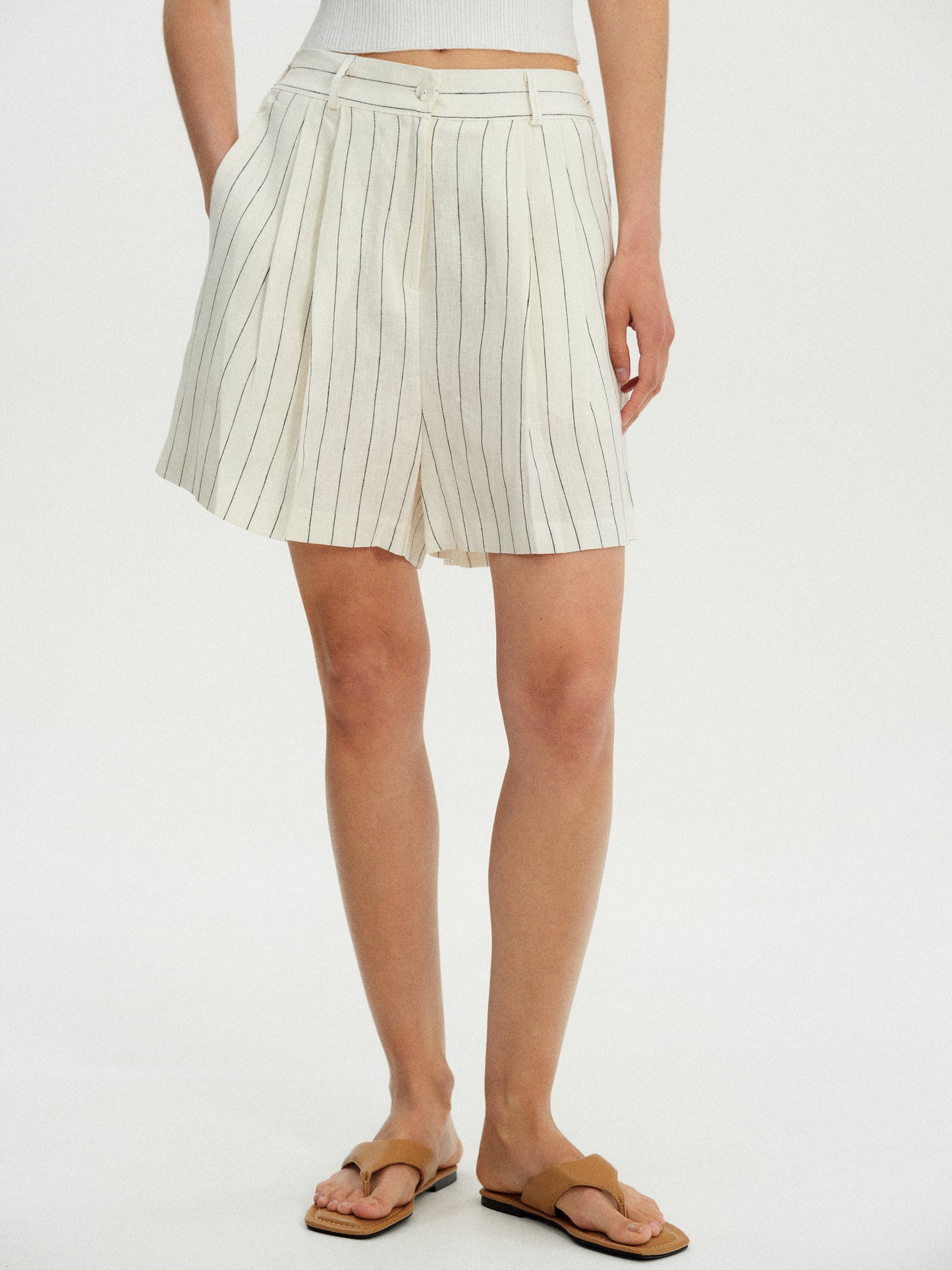 Linen Pinstripe Shorts, Ivory