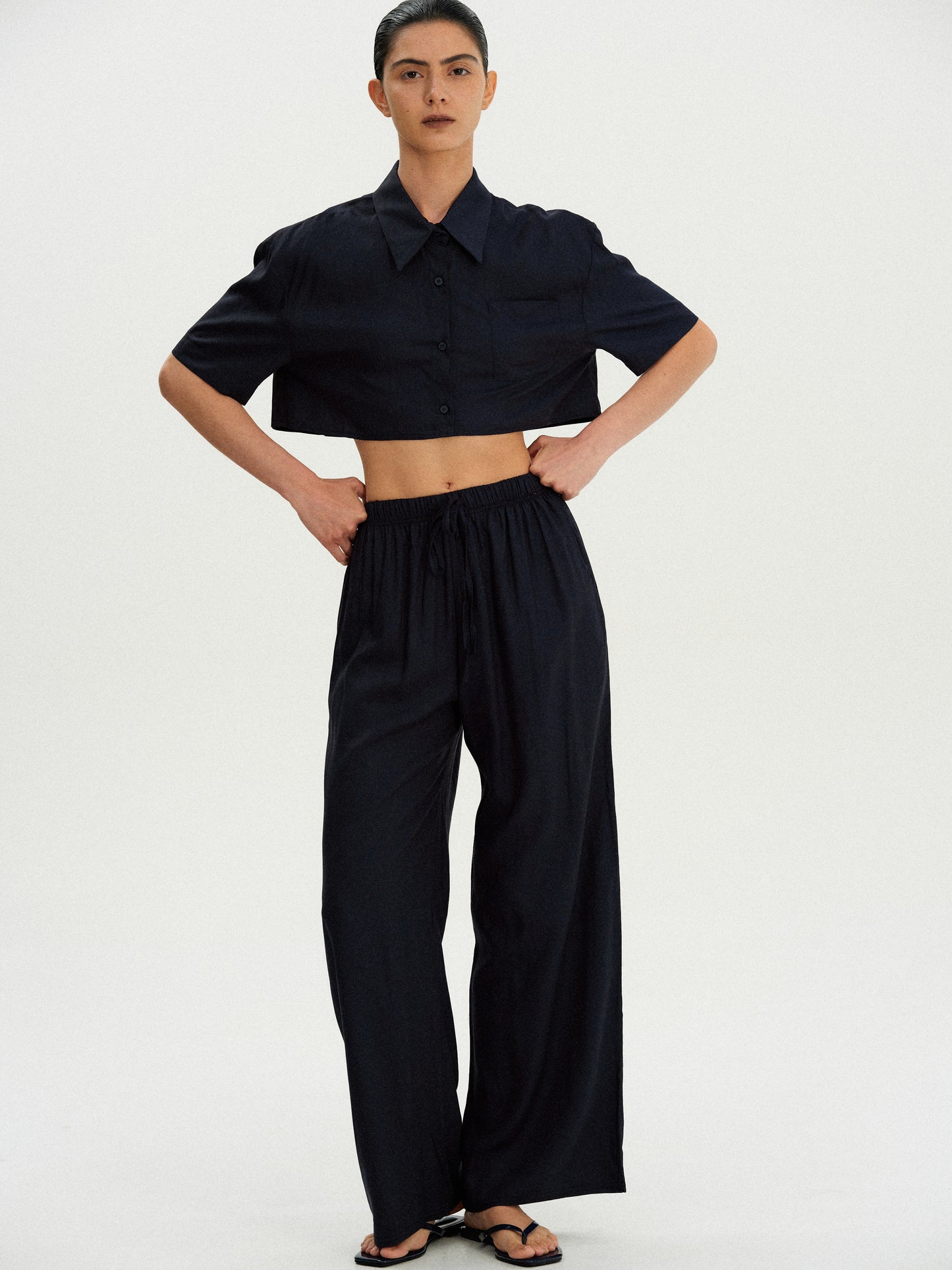 Cropped Rayon Shirt, Deep Blue