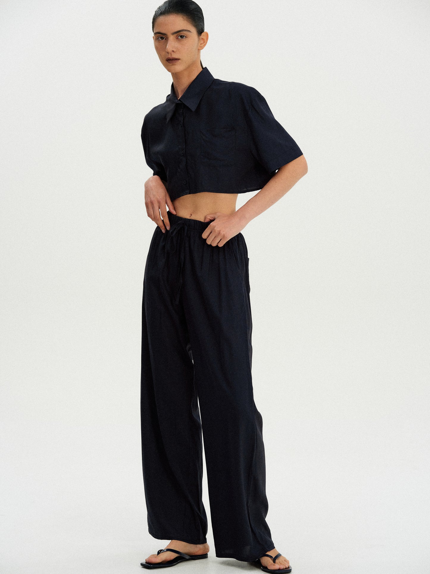 Cropped Rayon Shirt, Deep Blue