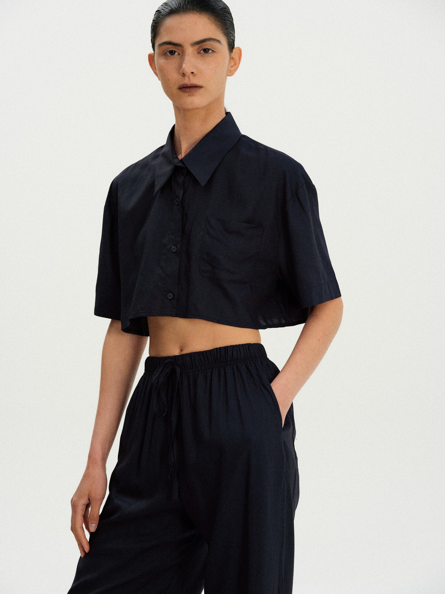Cropped Rayon Shirt, Deep Blue