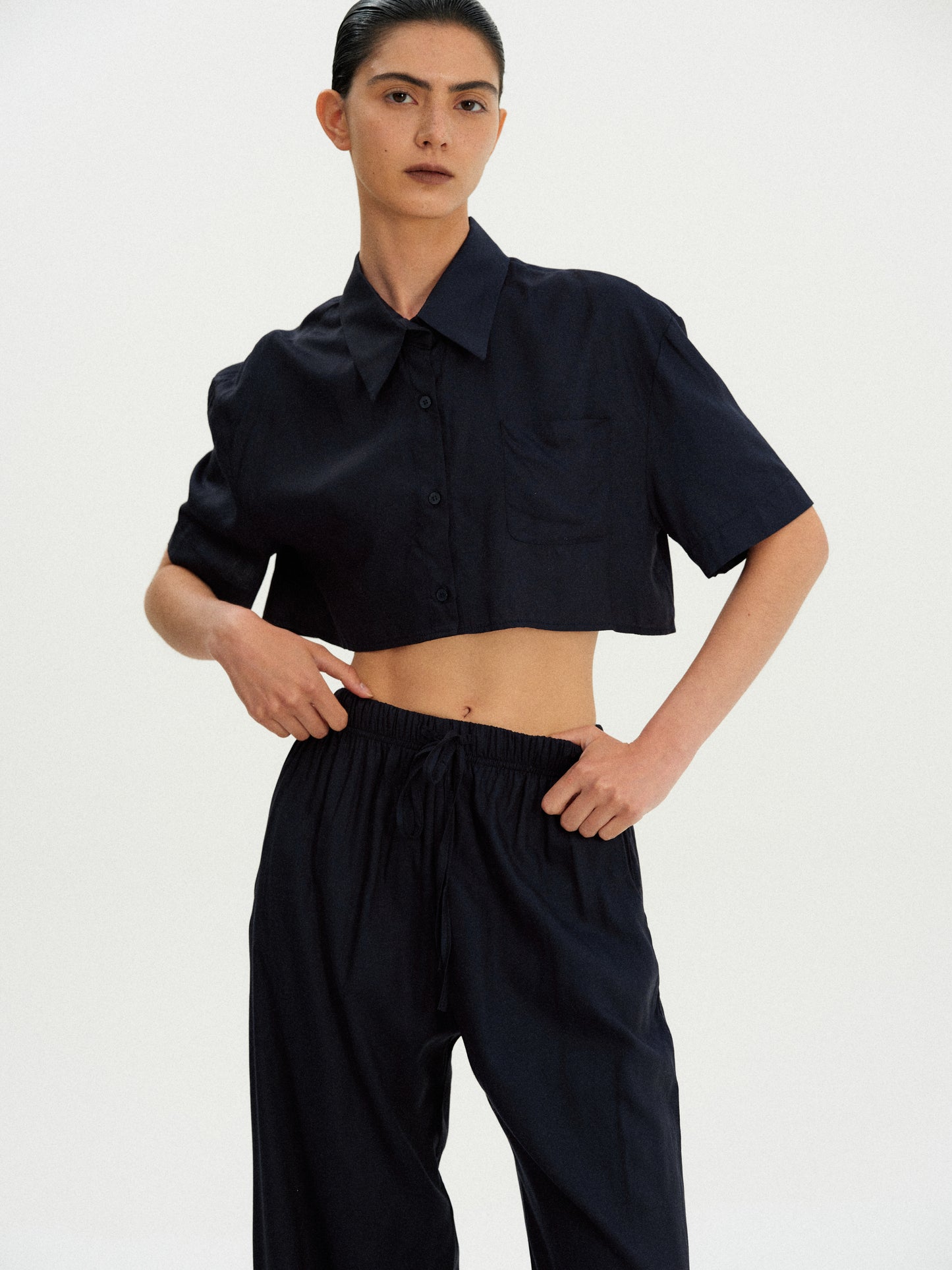 Cropped Rayon Shirt, Deep Blue