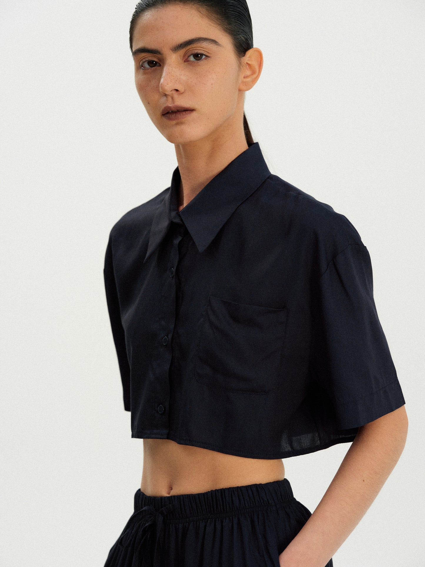 Cropped Rayon Shirt, Deep Blue