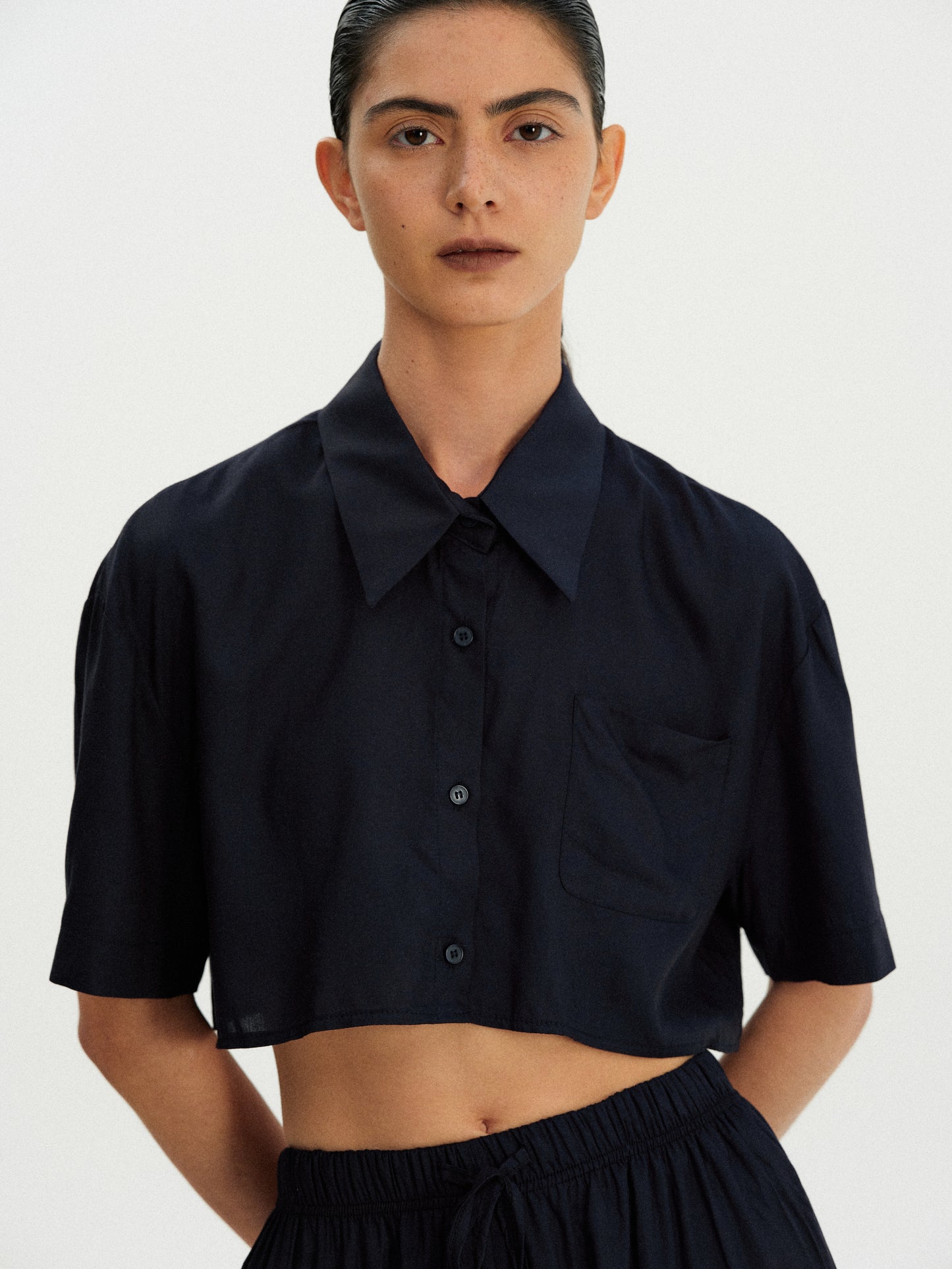 Cropped Rayon Shirt, Deep Blue