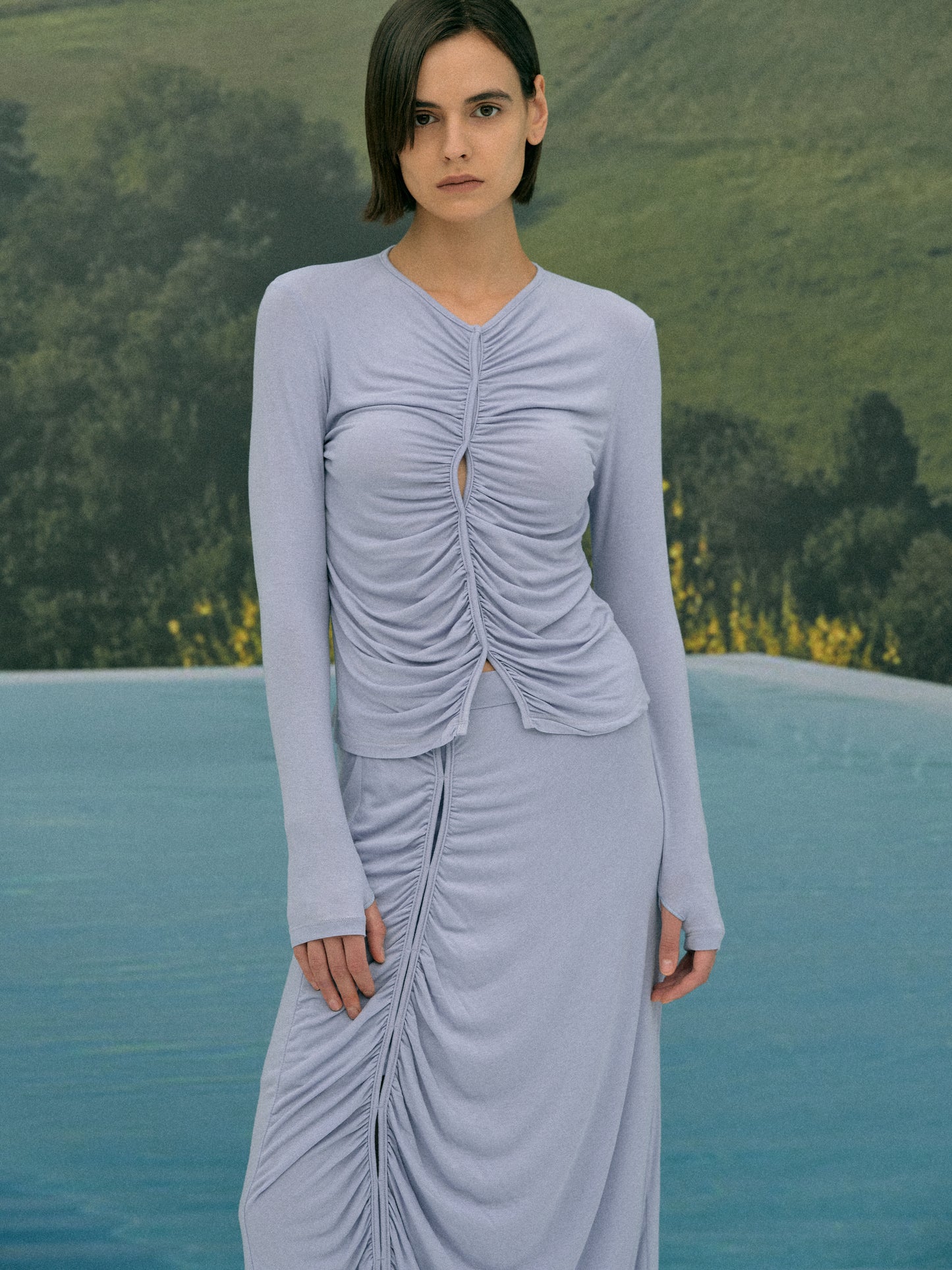 Cut-Out Ruched Top, Blue Hyacinth