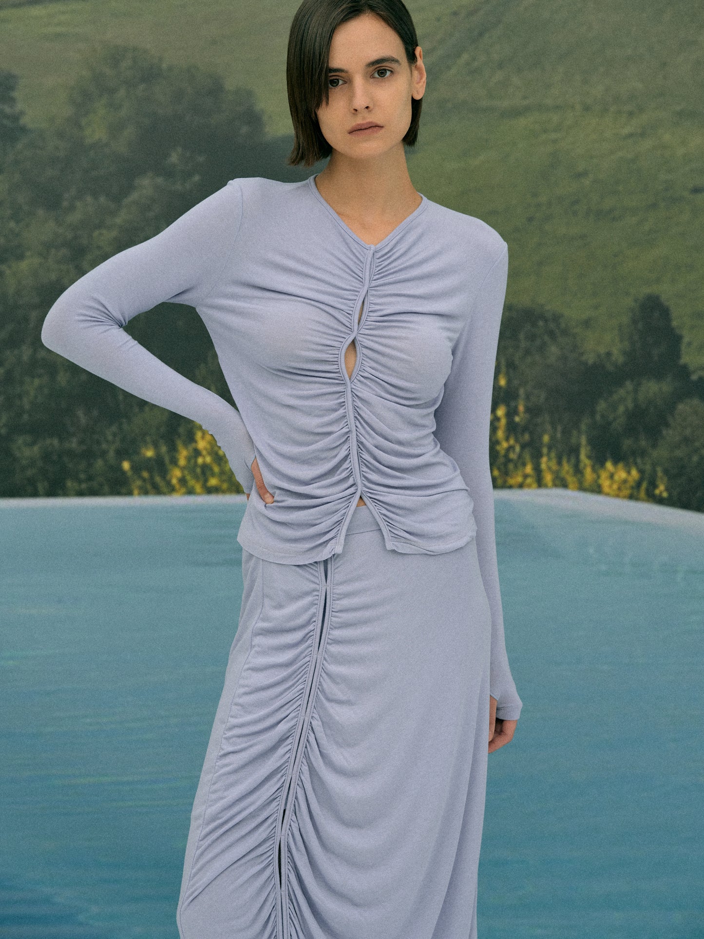 Cut-Out Ruched Top, Blue Hyacinth
