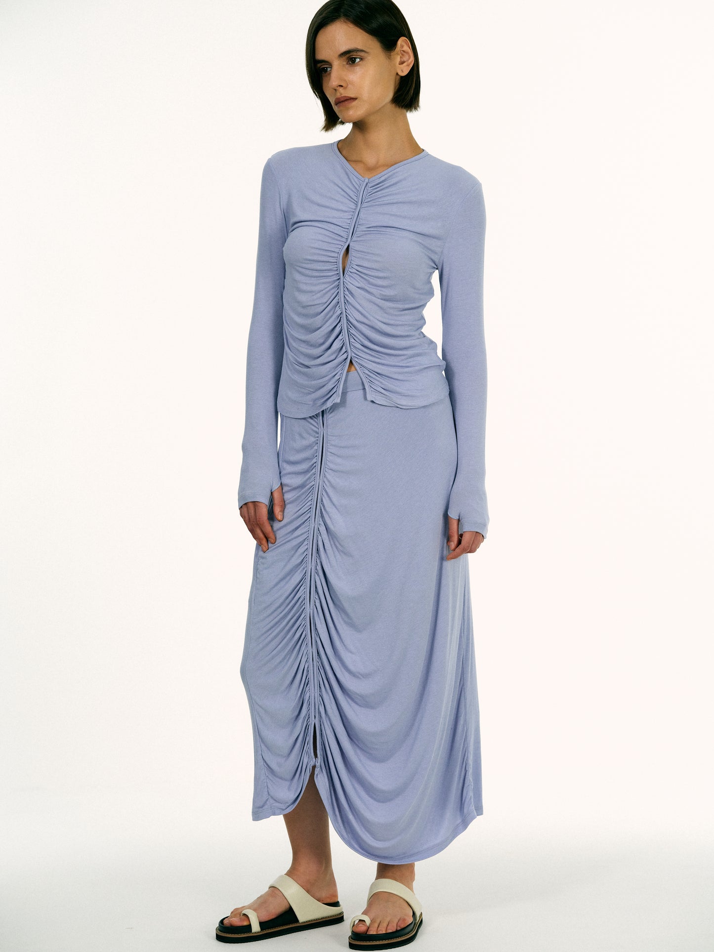Off-Center Ruched Skirt, Blue Hyacinth