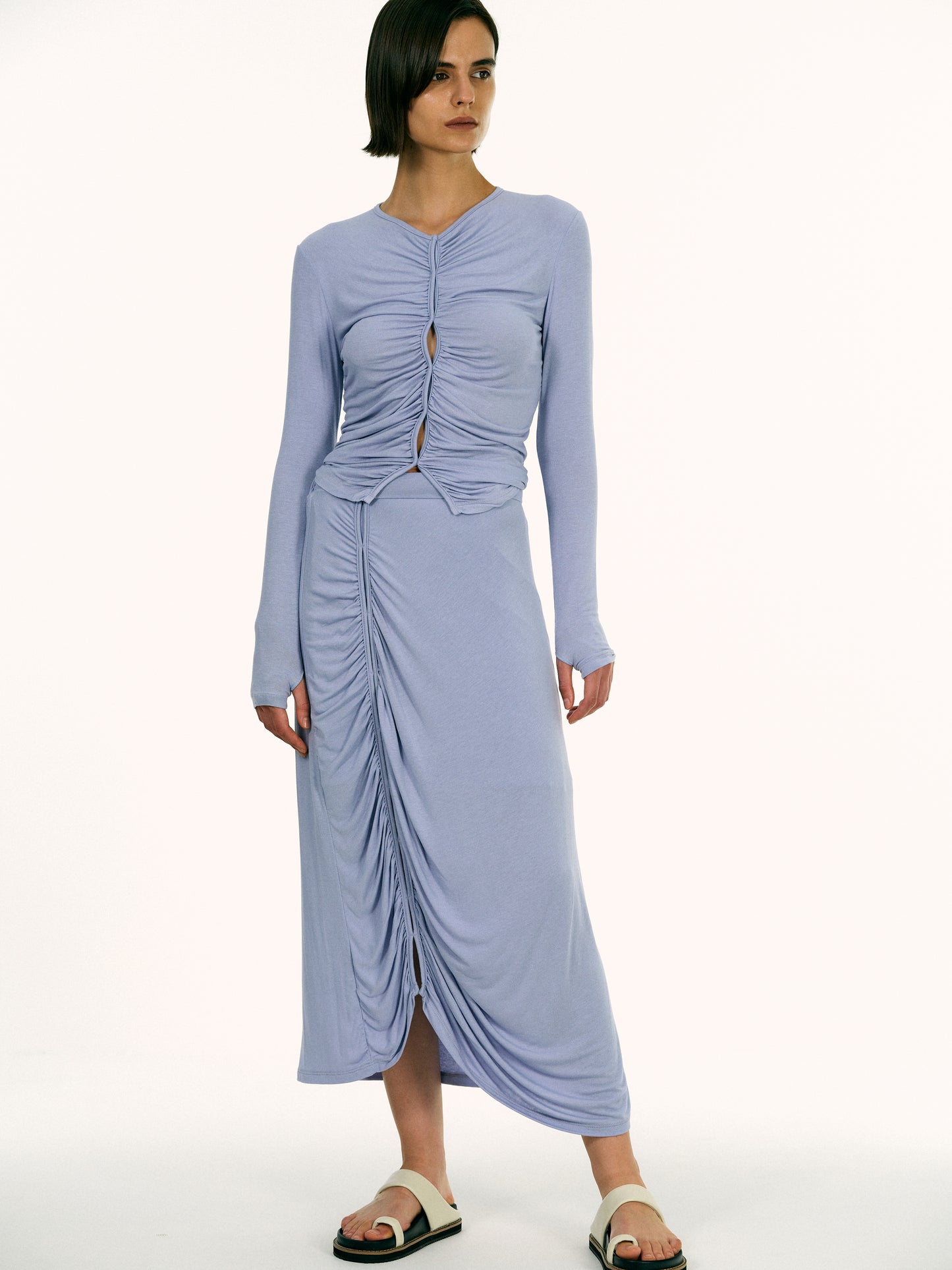 Off-Center Ruched Skirt, Blue Hyacinth