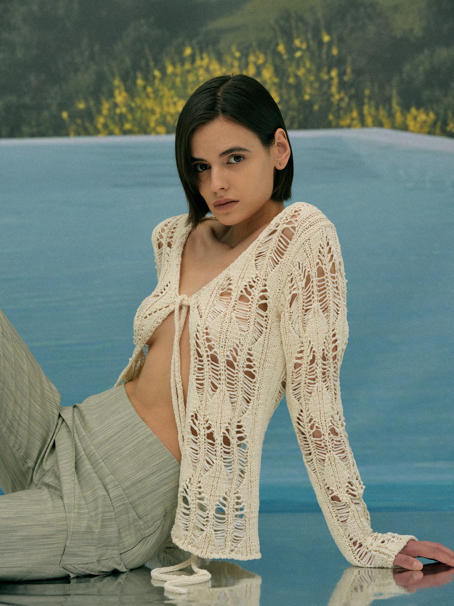Open Crochet Damaged Cardigan, Ivory