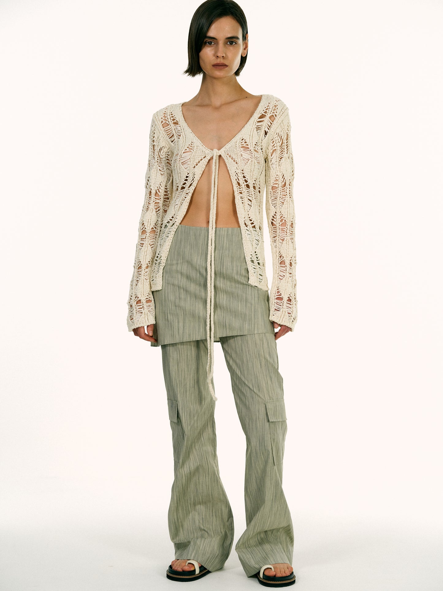 Open Crochet Damaged Cardigan, Ivory