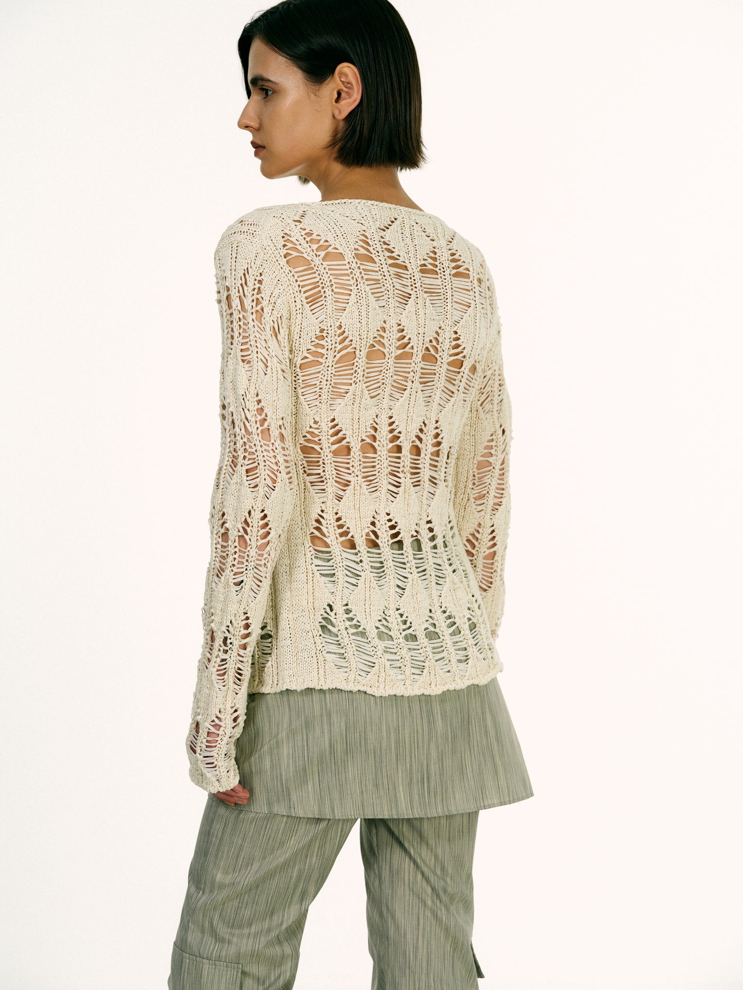 Open Crochet Damaged Cardigan, Ivory