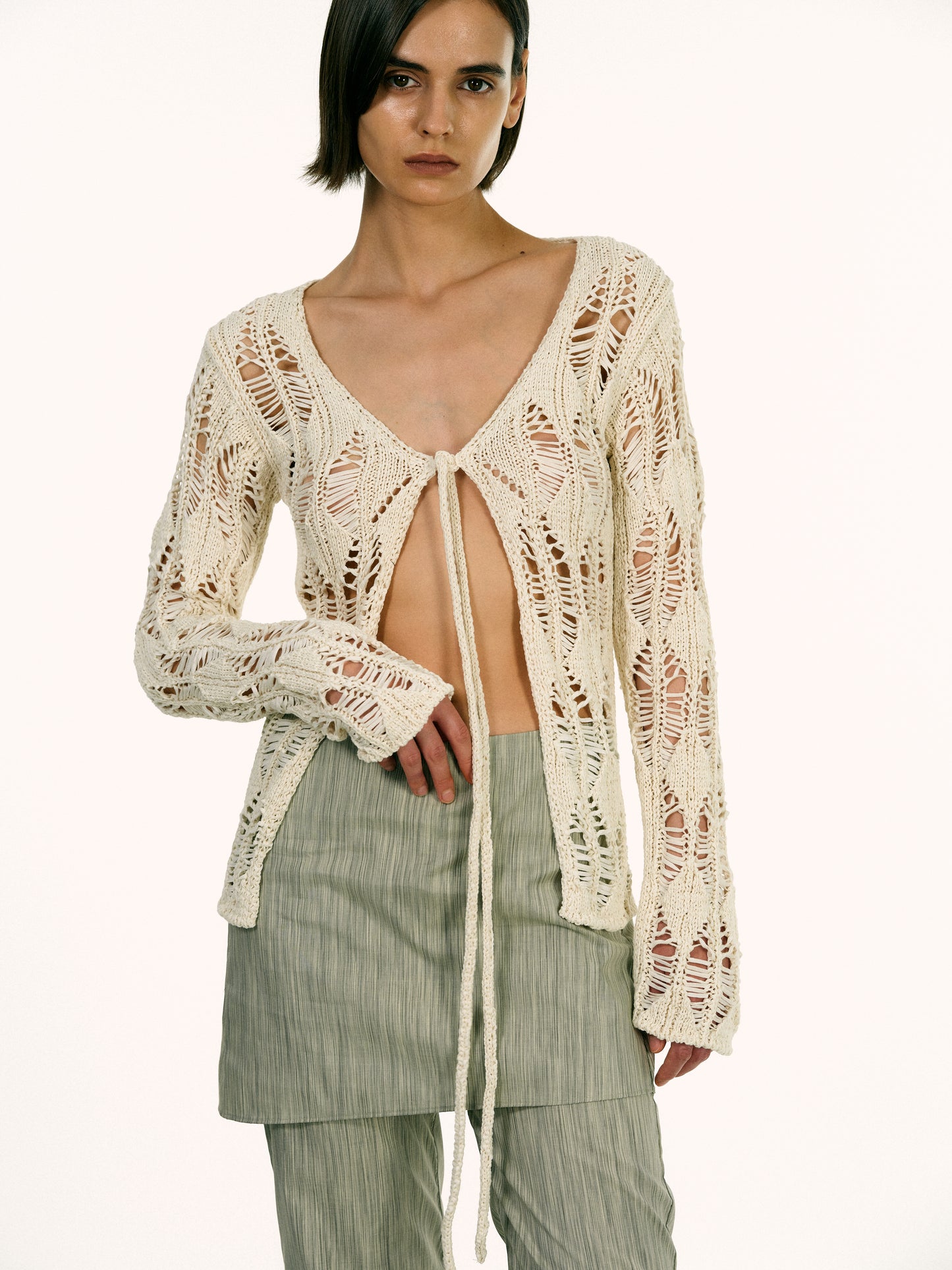 Open Crochet Damaged Cardigan, Ivory