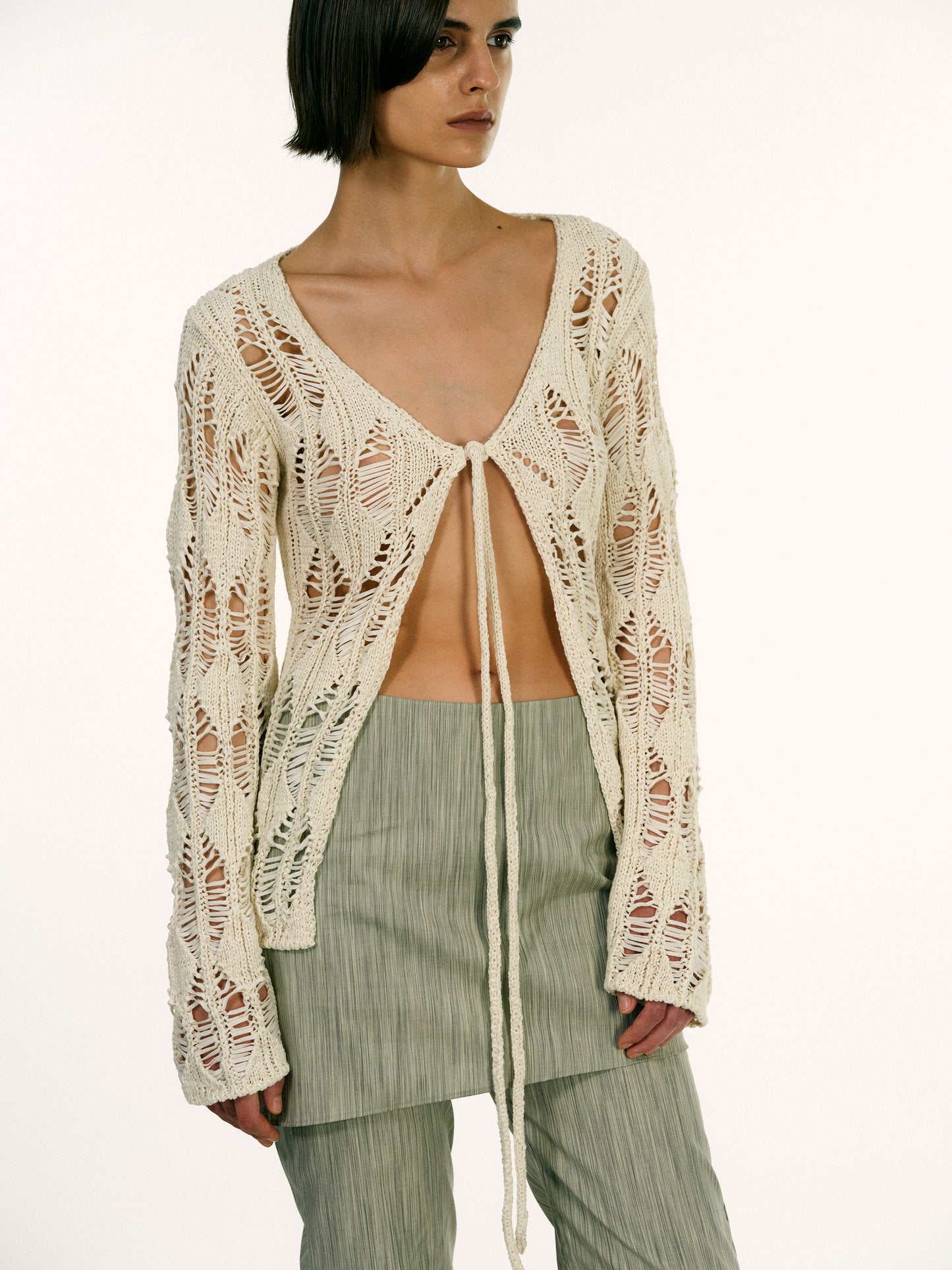 Open Crochet Damaged Cardigan, Ivory