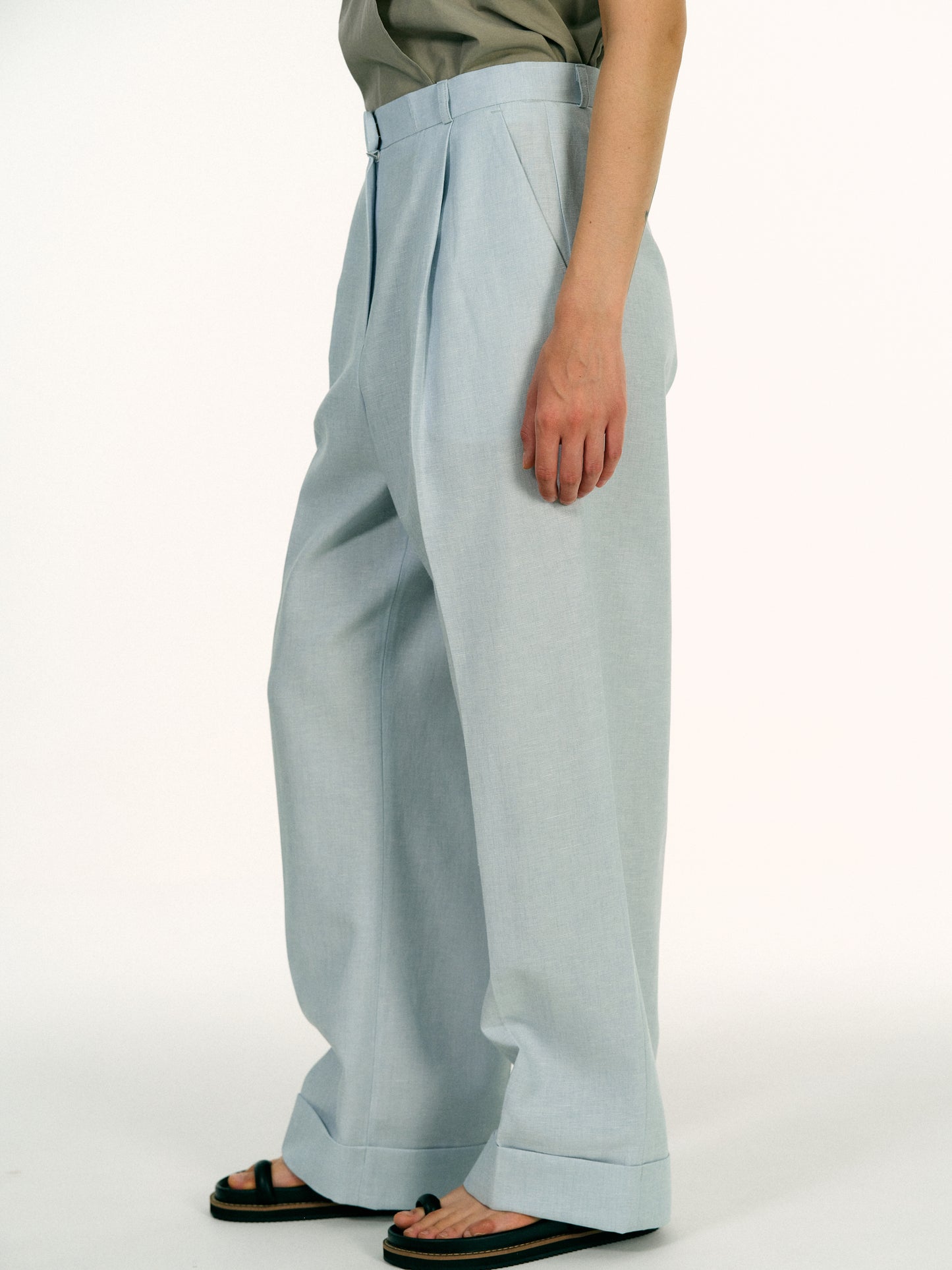 Turn-Up Linen Trousers, Baby Blue