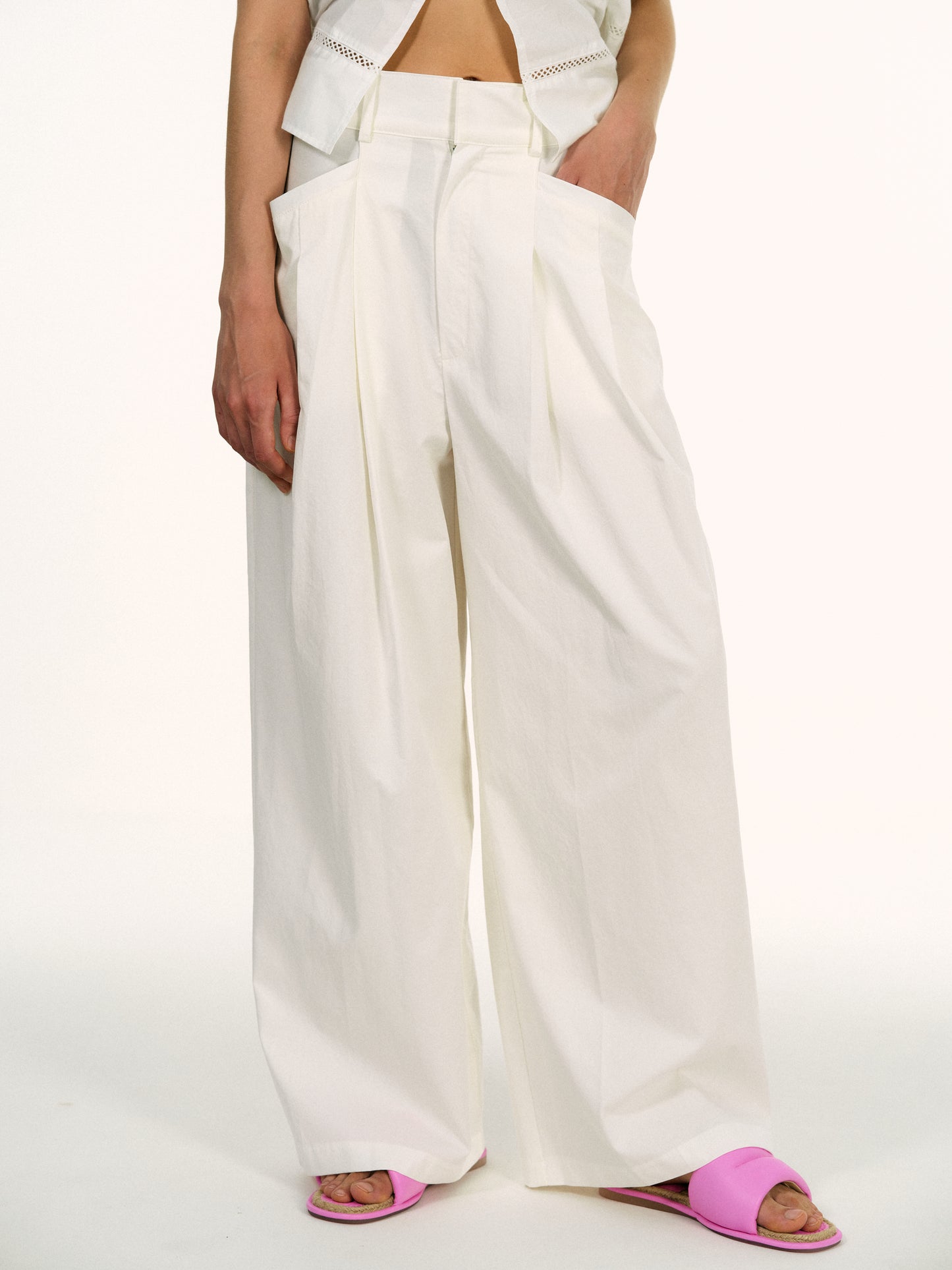 Wide Low Pocket Trousers, White