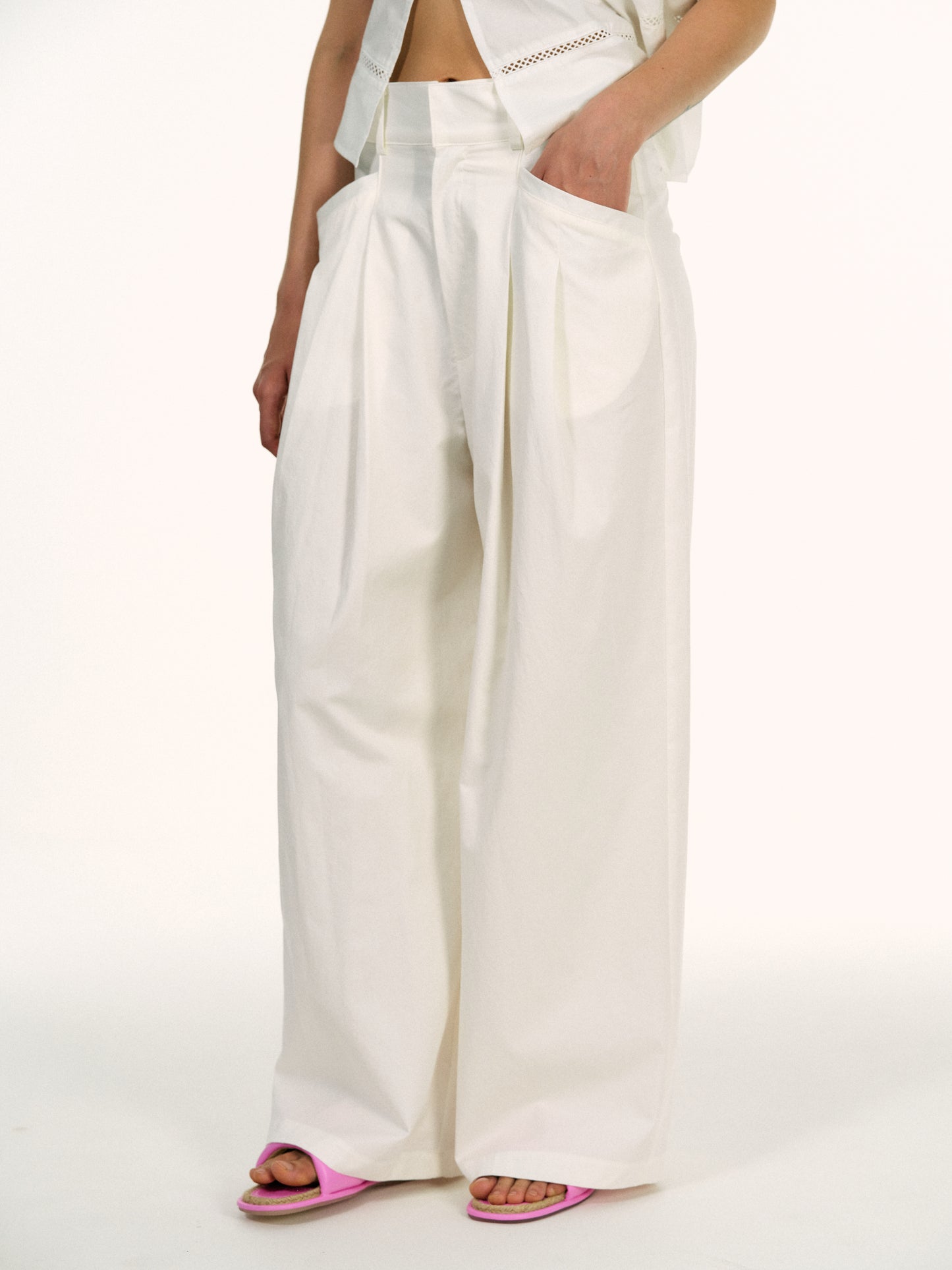 Wide Low Pocket Trousers, White