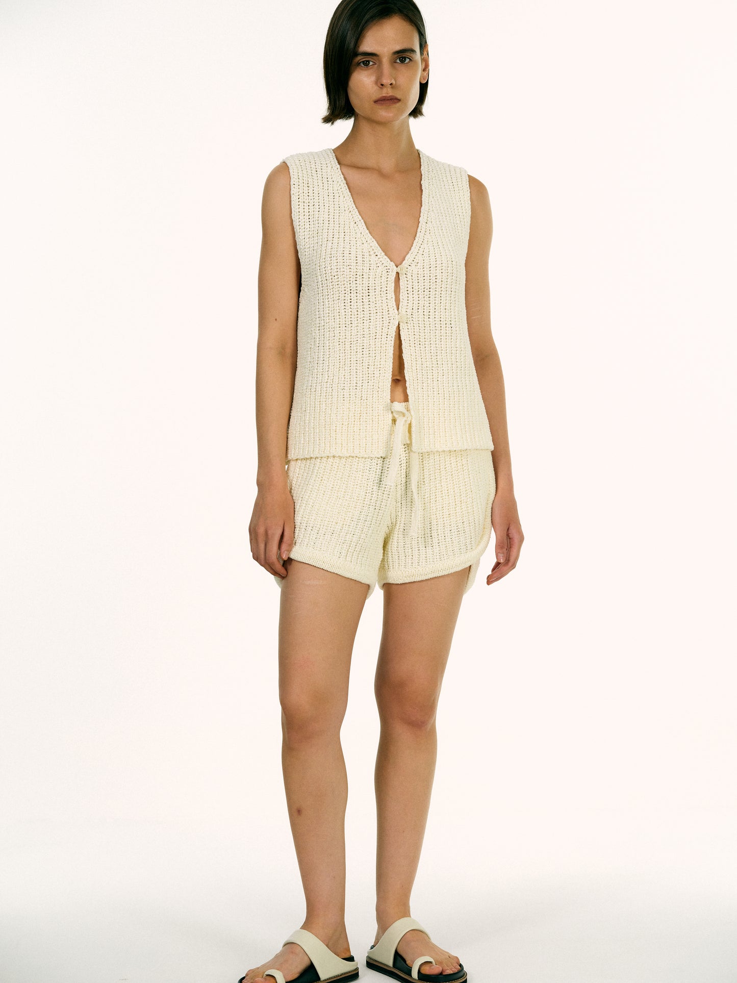 Cotton Crochet Knit Vest, Ivory