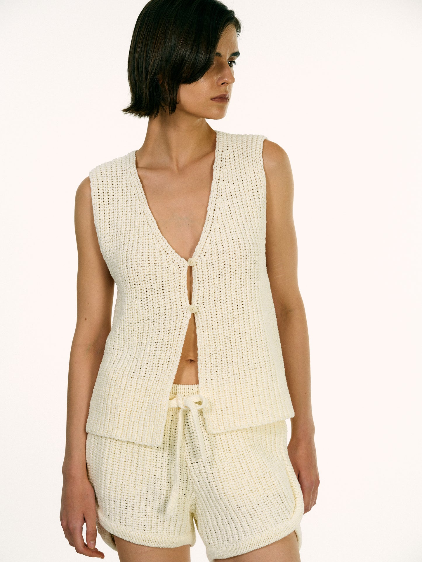 Cotton Crochet Knit Vest, Ivory