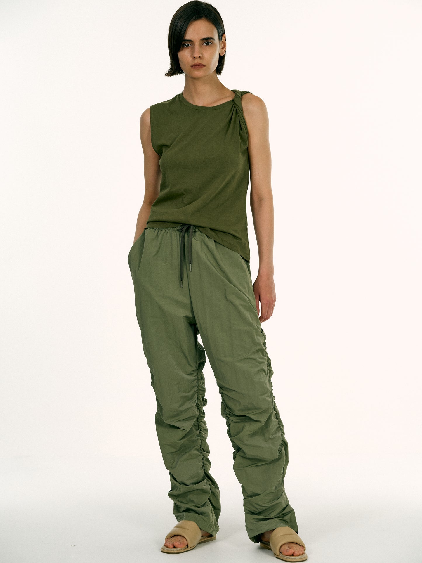 Gathered Nylon Pants, Chive