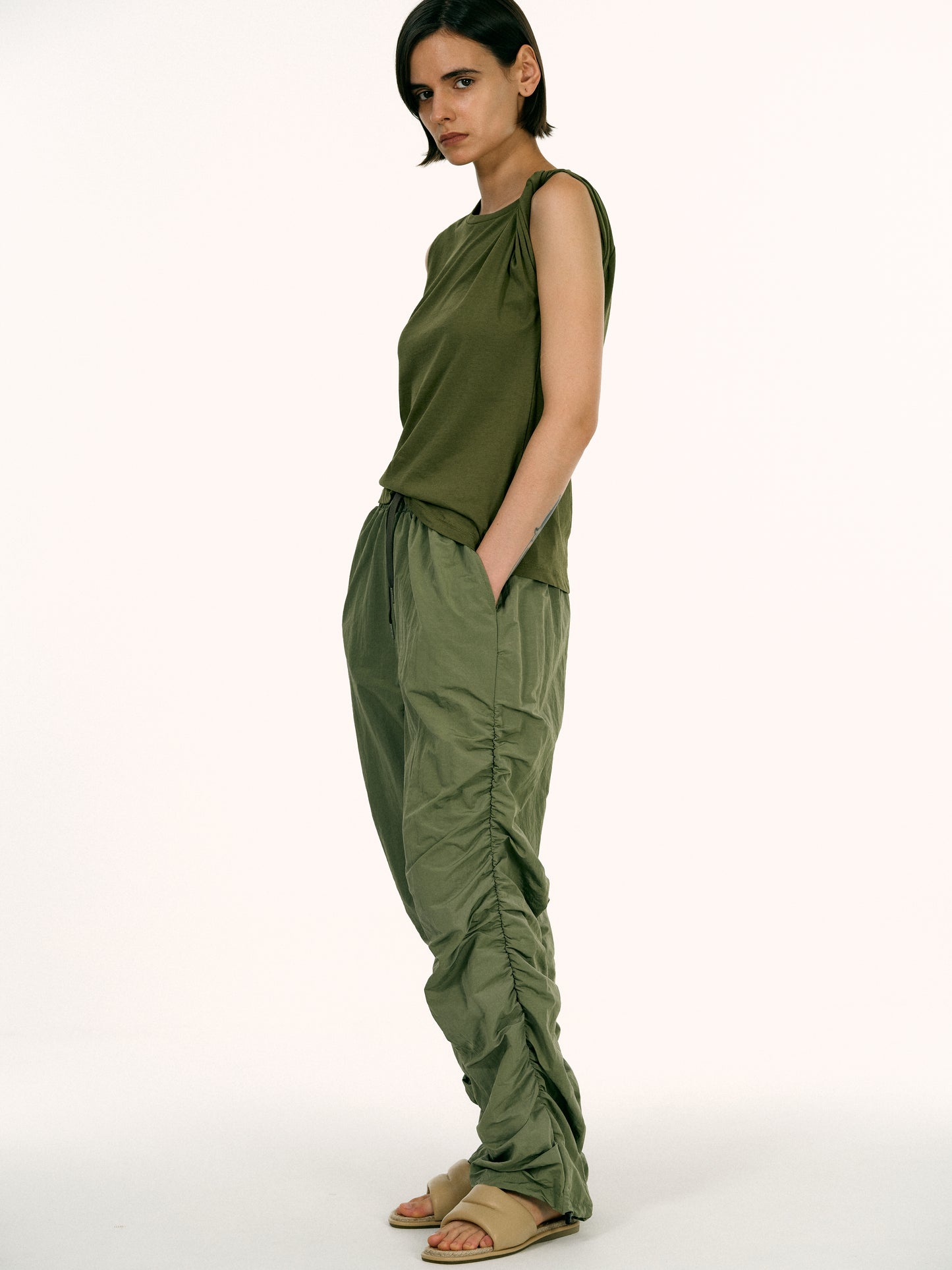 Gathered Nylon Pants, Chive