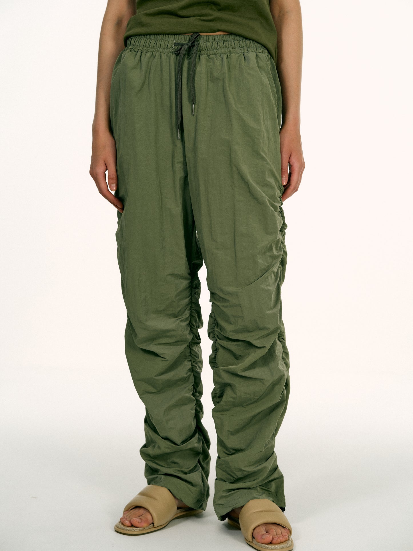 Gathered Nylon Pants, Chive