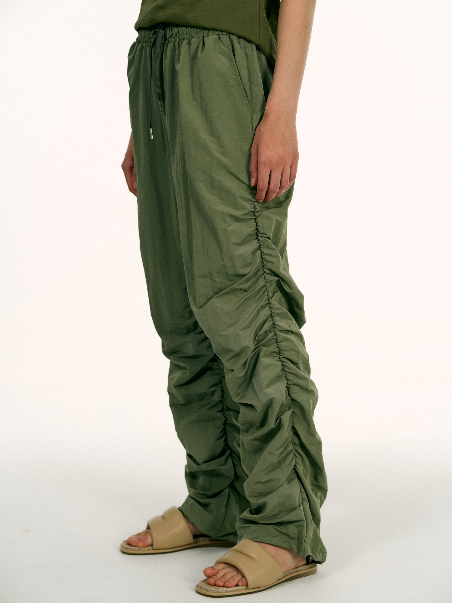 Gathered Nylon Pants, Chive