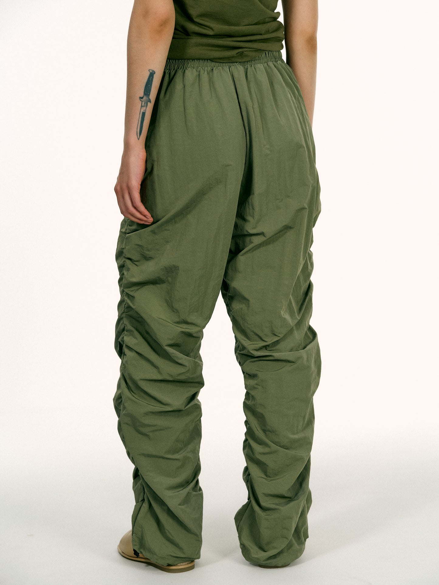 Gathered Nylon Pants, Chive