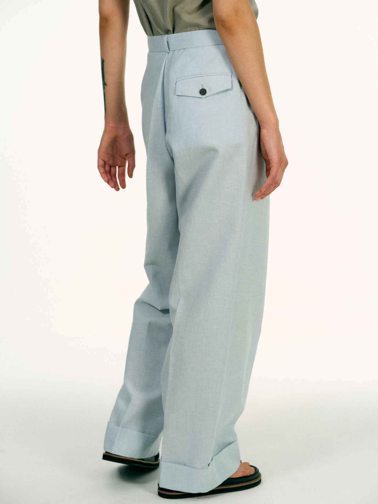 Turn-Up Linen Trousers, Baby Blue