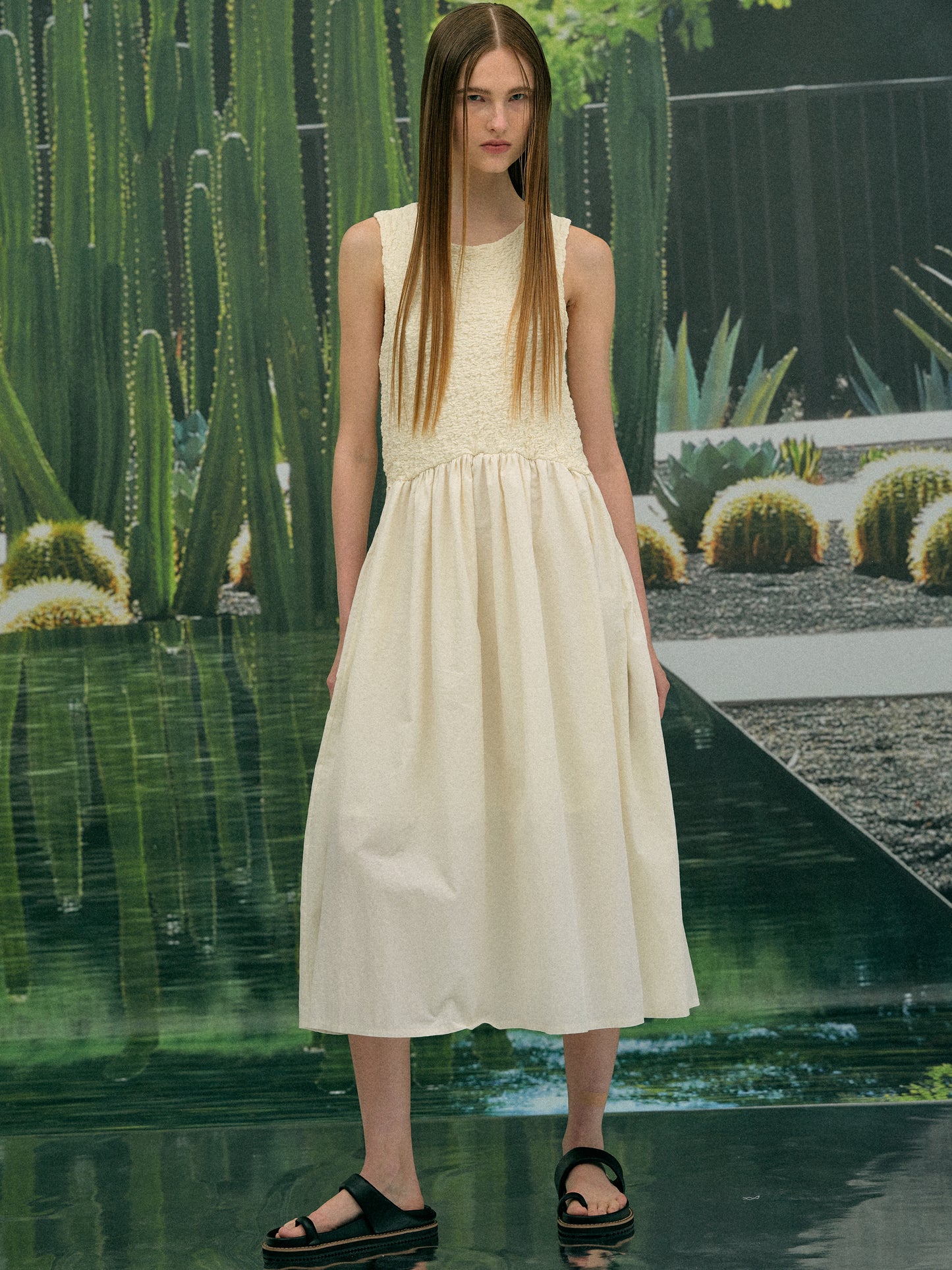 Seersucker Cotton Dress, Cream