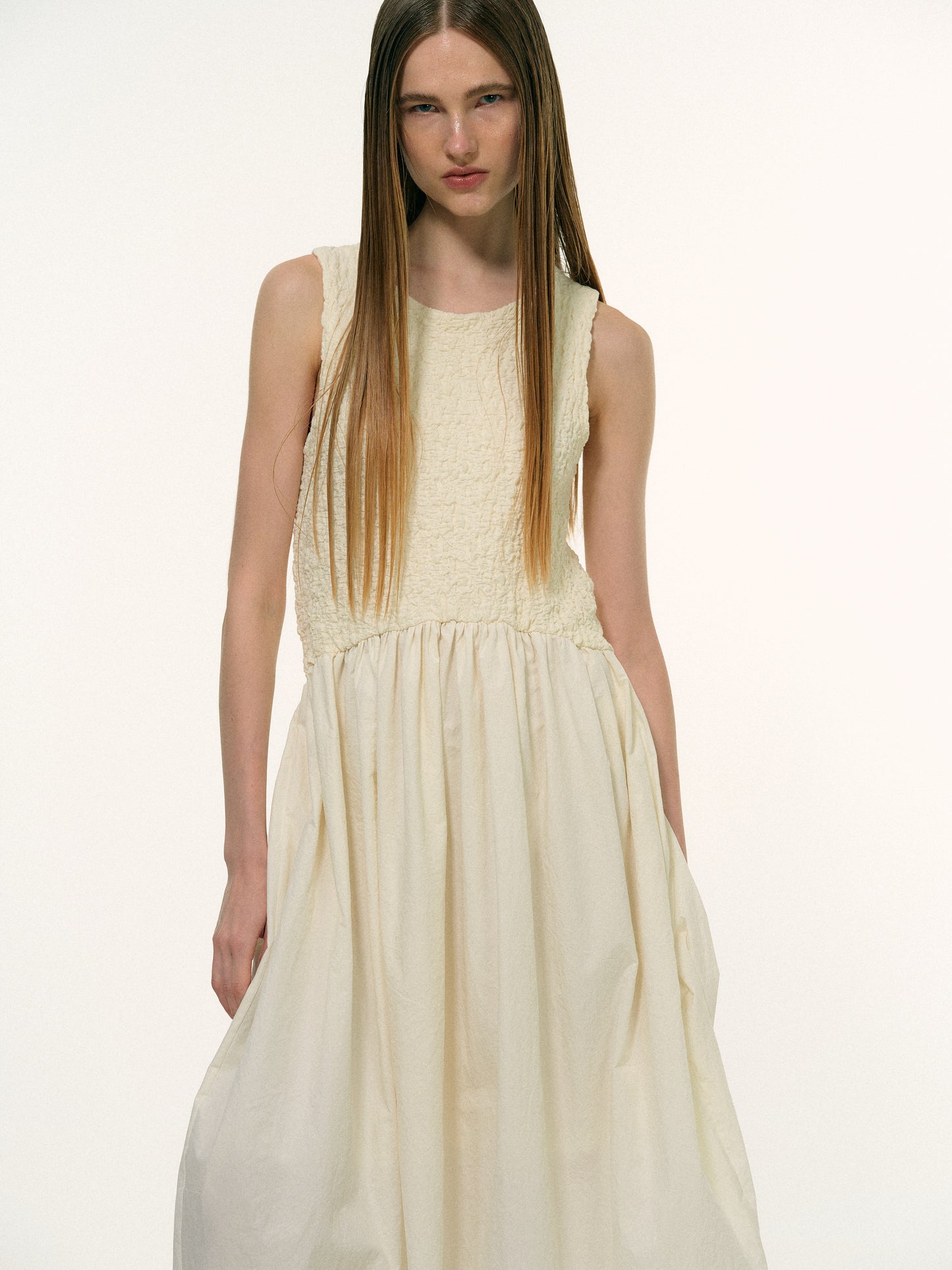 Seersucker Cotton Dress, Cream