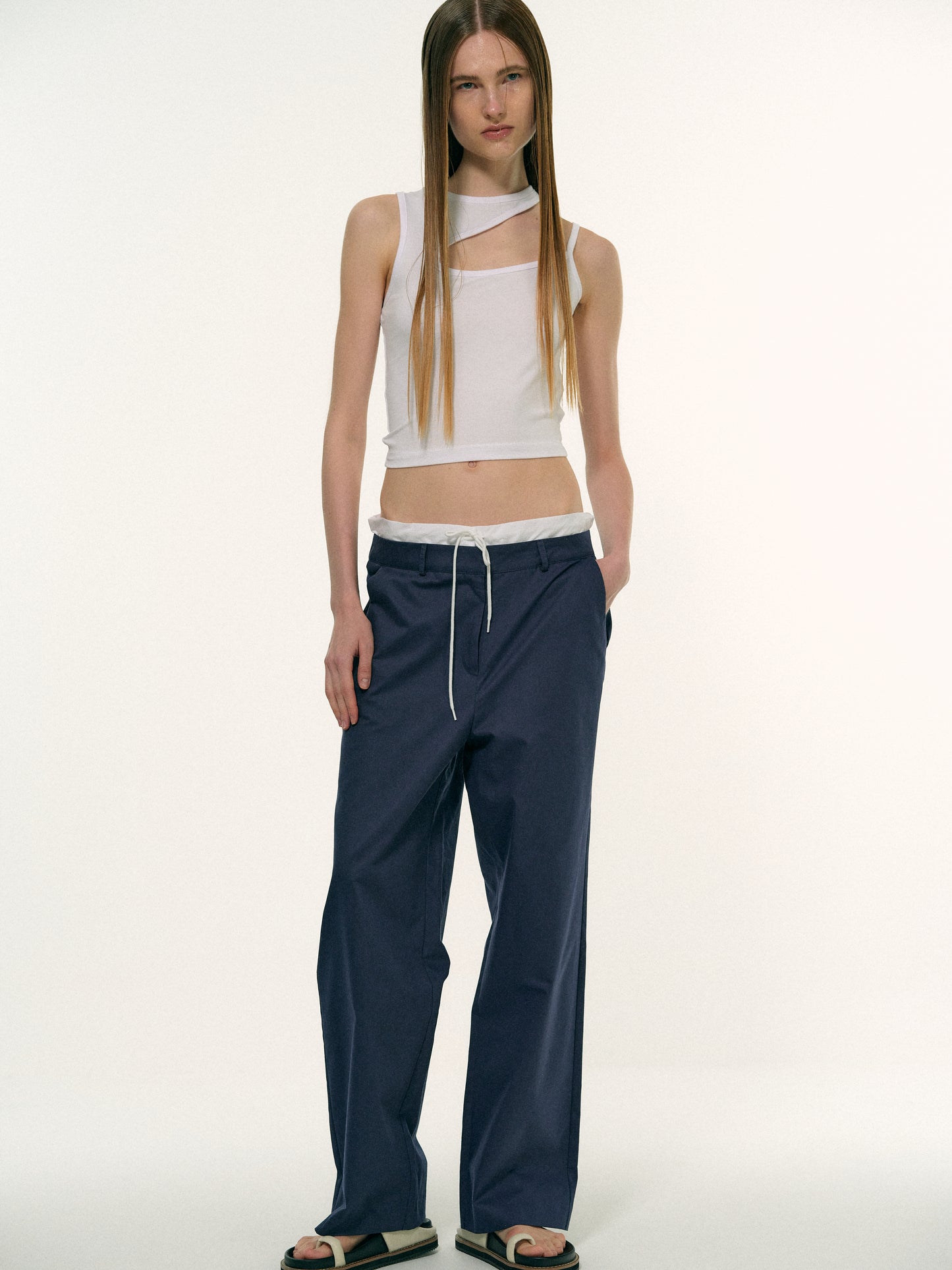 Layered Band Cotton Pants, Dark Blue