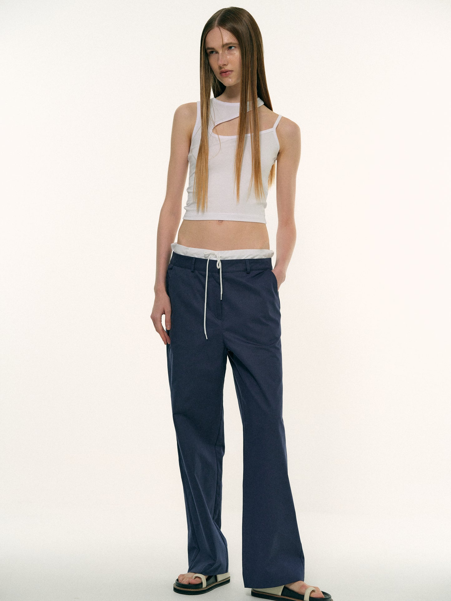 Layered Band Cotton Pants, Dark Blue