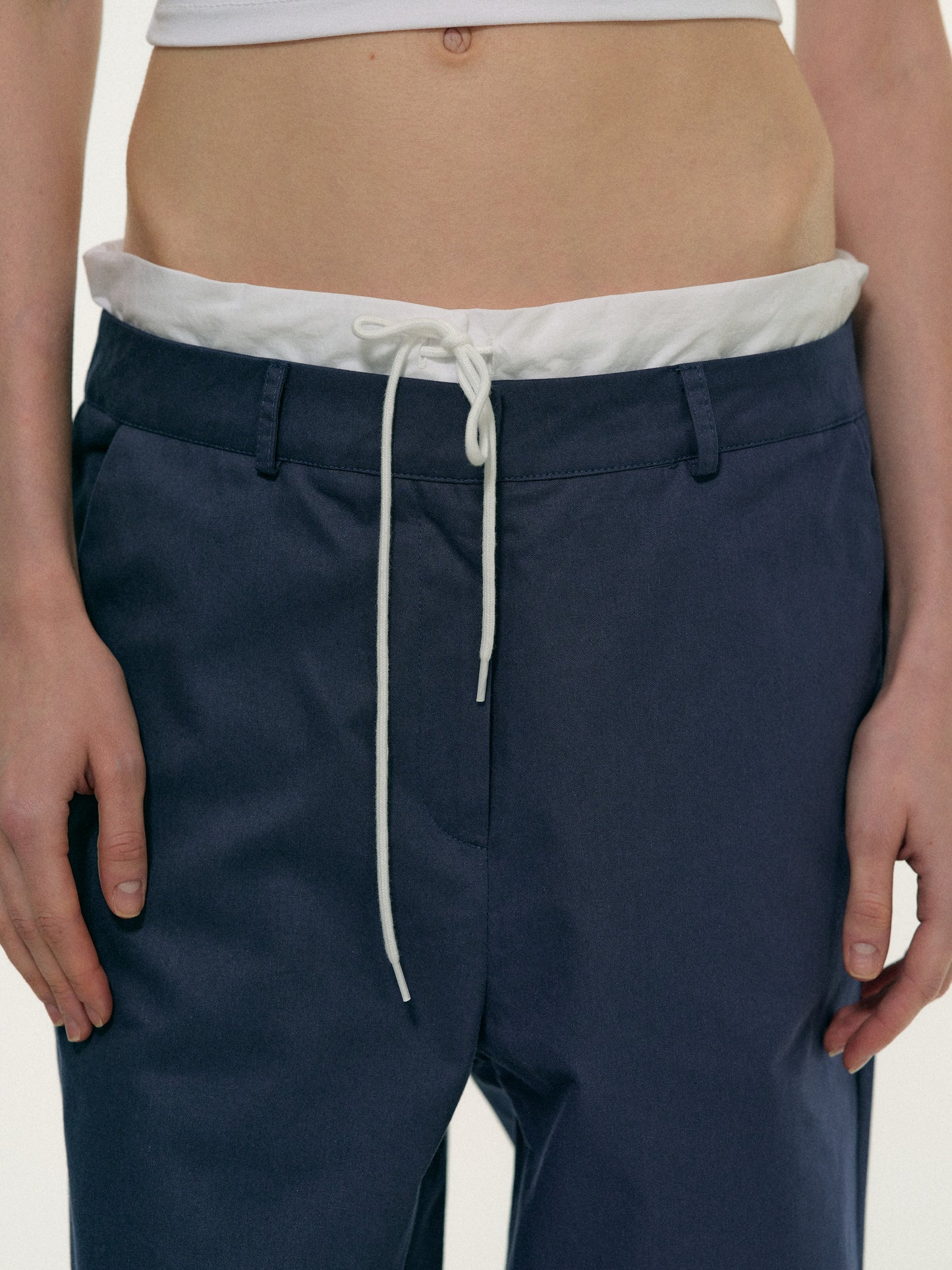 Layered Band Cotton Pants, Dark Blue