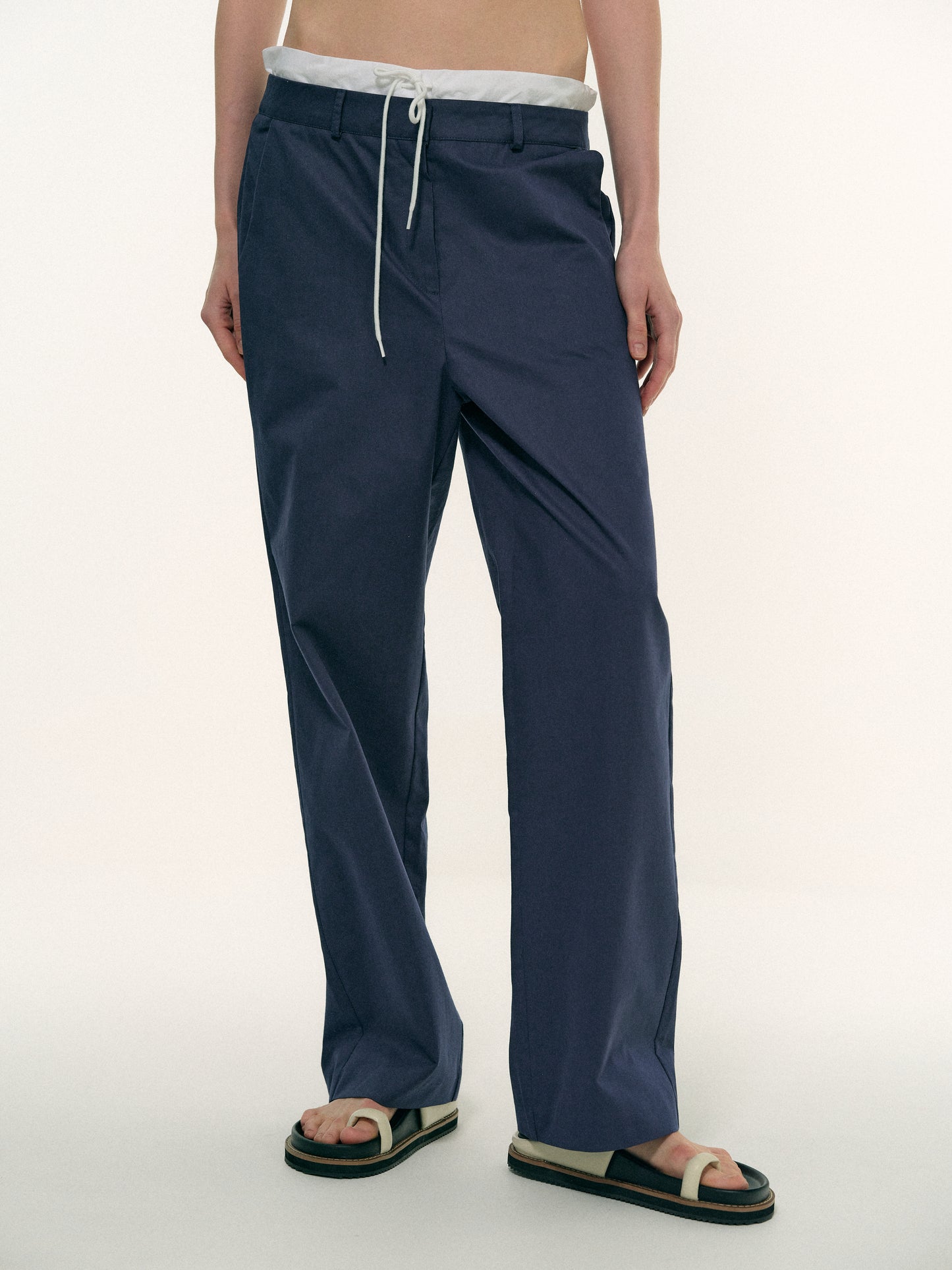 Layered Band Cotton Pants, Dark Blue