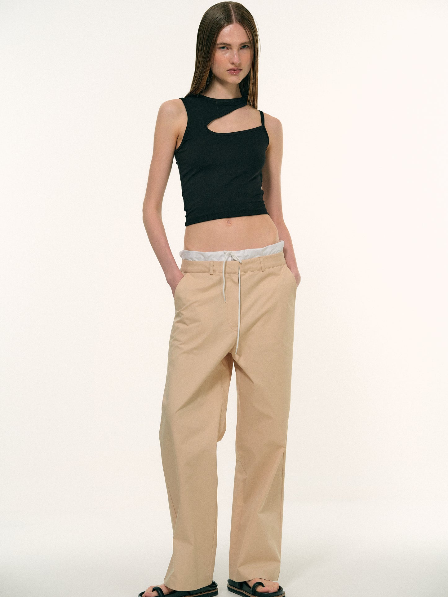 Layered Band Cotton Pants, Tan